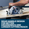 Bosch GKW18V-26N PROFACTOR 18V Cordless Brushless 7-1/4 inch Rear Handle Circular Saw (Tool Only) showing in use cutting through plywood while talking about rear handle design (Battery sold separately)