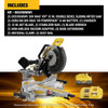 DeWalt DCS785WW1 20V MAX XR Cordless Brushless 12in Double Bevel Sliding Mitre Saw Kit showing inclusions of the kit
