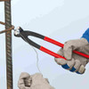 Knipex 9901220SBA 8-3/4 inch Concreters' Nippers showing in use while twisting before cutting wire Knipex 9901220SBA 8-3/4 inch Concreters' Nippers showing in use while twisting before cutting wire