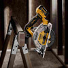 DeWalt DCS512B XTREME 12V MAX 5-3/8 inch Cordless Brushless Circular Saw (Tool Only) showing on jobsite hanging from saw horse with integrated hook