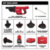 Milwaukee 2572B-21 M12 AIRSNAKE Cordless Drain Cleaning Air Gun Kit showing inclusions of the kit Milwaukee 2572B-21 M12 AIRSNAKE Cordless Drain Cleaning Air Gun Kit showing inclusions of the kit