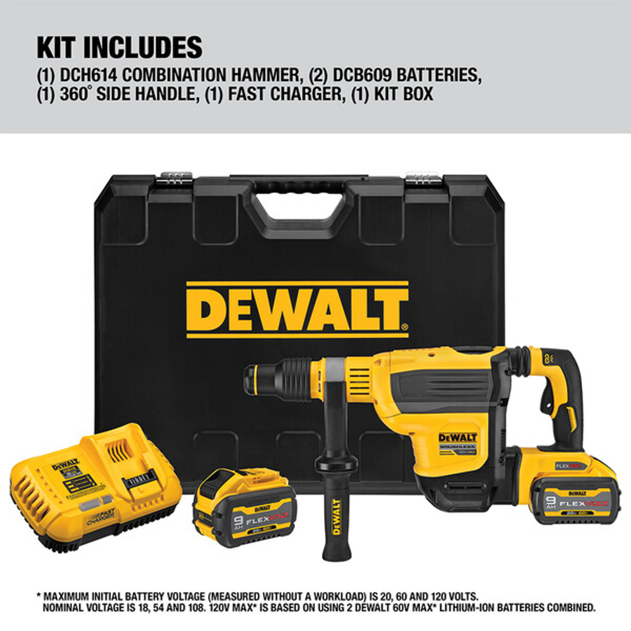 DeWalt DCH614X2 60V MAX Cordless Brushless SDS MAX 1-3/4 inch Combination Rotary Hammer Kit showing inclusions of the kit