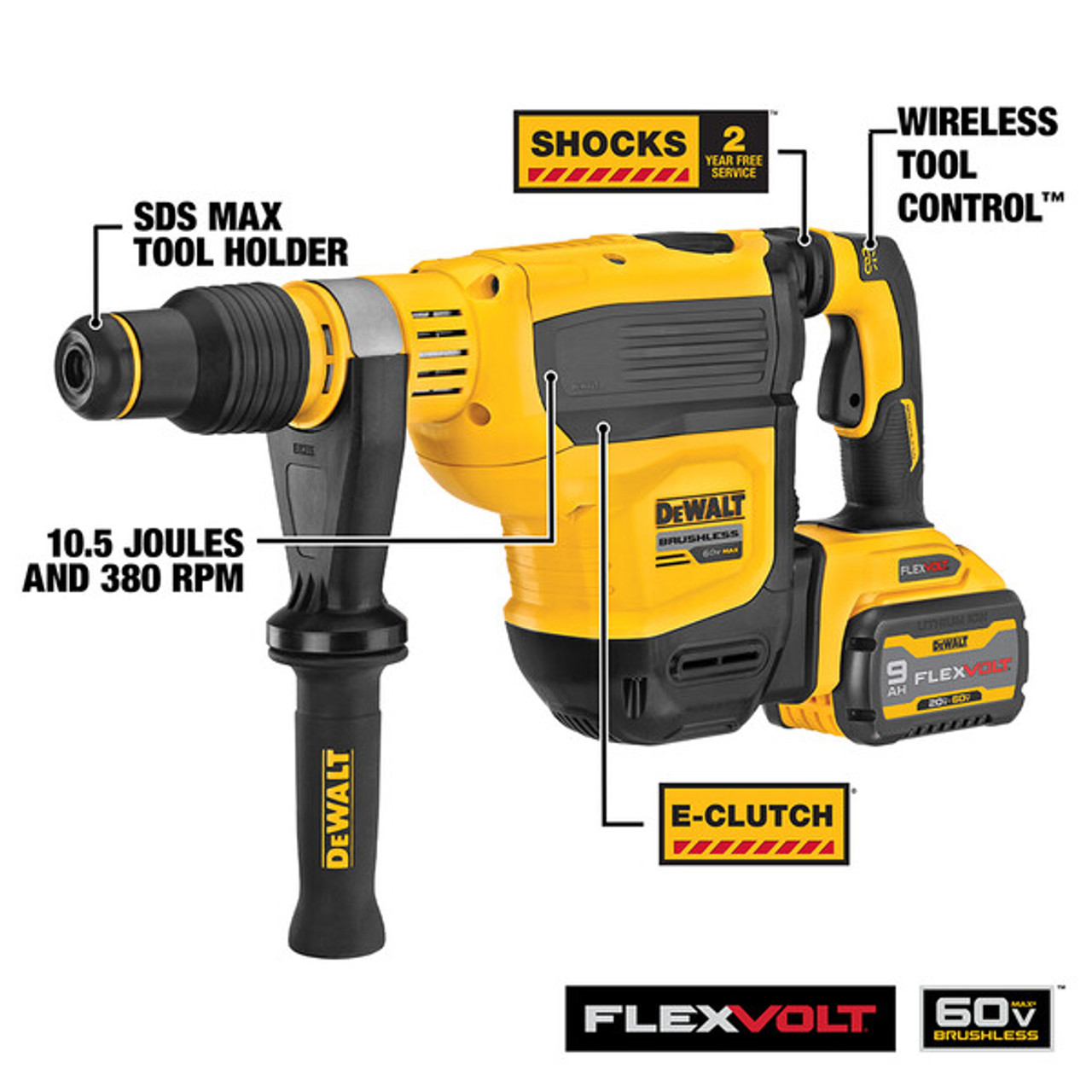DeWalt DCH614X2 60V MAX Cordless Brushless SDS MAX 1-3/4 inch Combination Rotary Hammer Kit showing features of the hammer drill