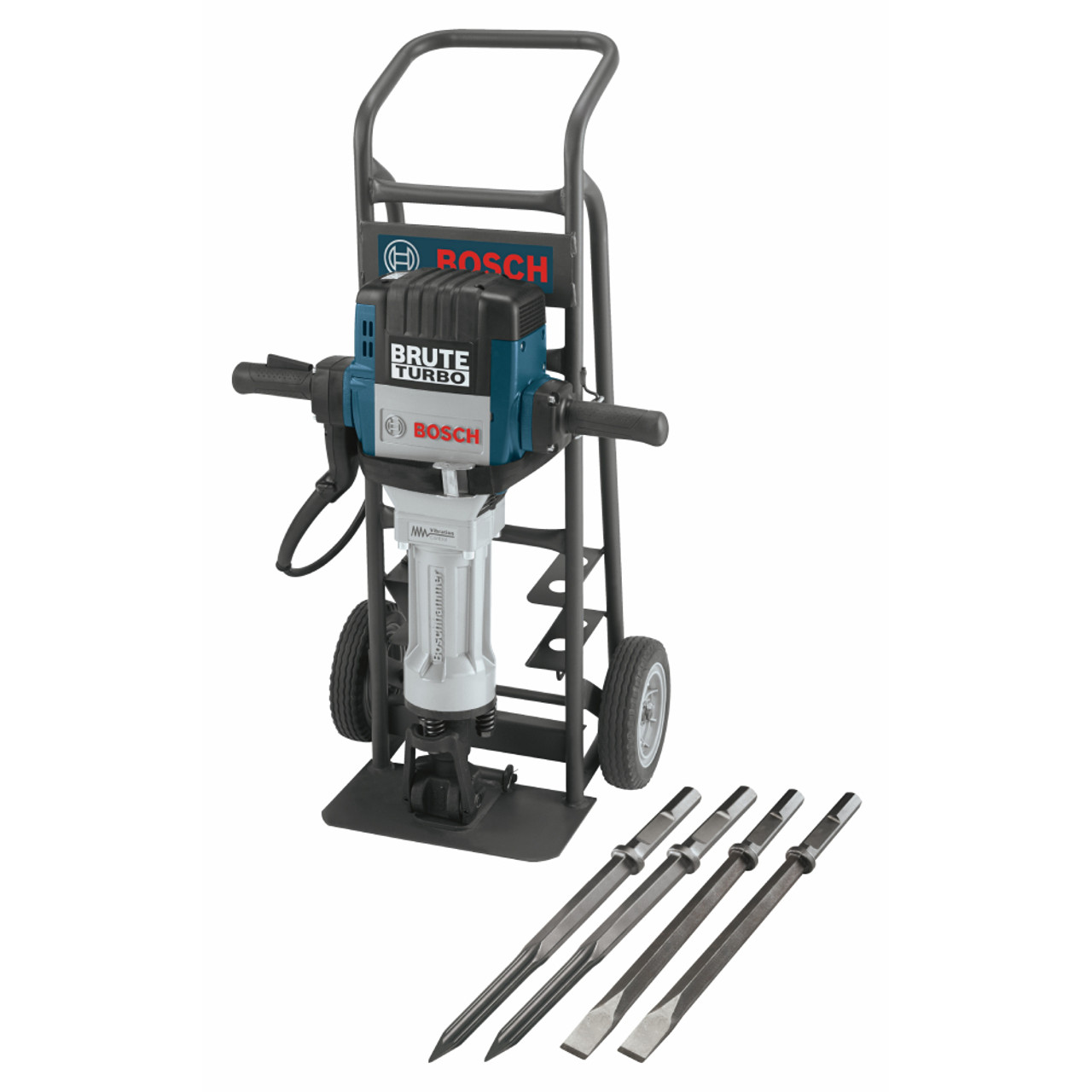 Bosch BH2770VCD Brute Turbo 15 Amp 1-1/8 inch Hex Breaker Hammer with Deluxe Cart showing the pieces that are included in the kit