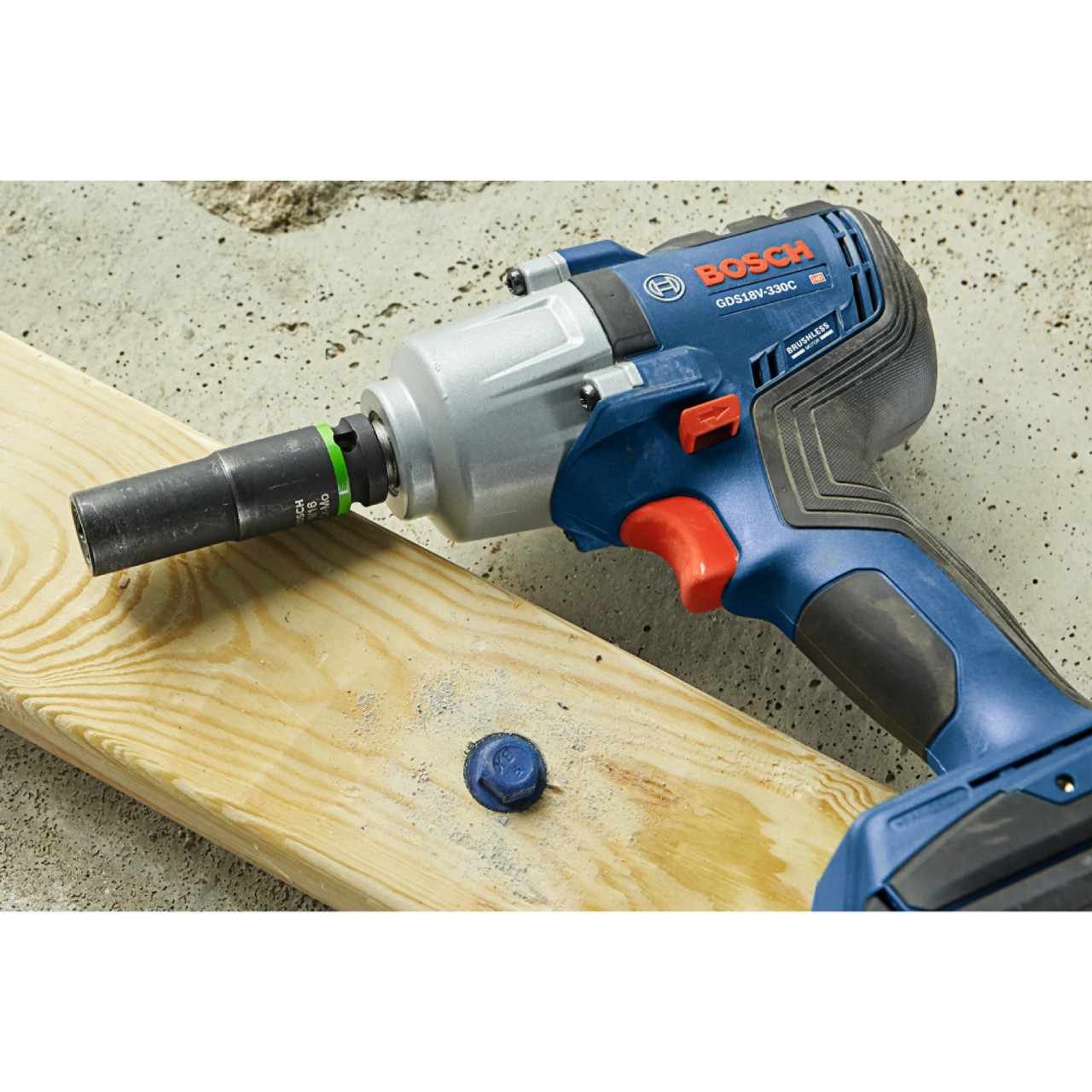 Bosch GDS18V-330CN Cordless Brushless 1/2 inch Mid-Torque Impact Wrench with Friction Ring and Thru-Hole (Tool Only) showing the impact wrench resting on job site after fastening lag bolts Bosch GDS18V-330CN Cordless Brushless 1/2 inch Mid-Torque Impact Wrench with Friction Ring and Thru-Hole (Tool Only) showing the impact wrench resting on job site after fastening lag bolts