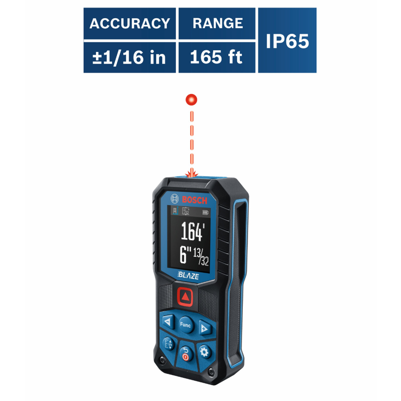 Bosch GLM165-22 BLAZE 165 feet Laser Measure showing features of the distance measurer Bosch GLM165-22 BLAZE 165 feet Laser Measure showing features of the distance measurer