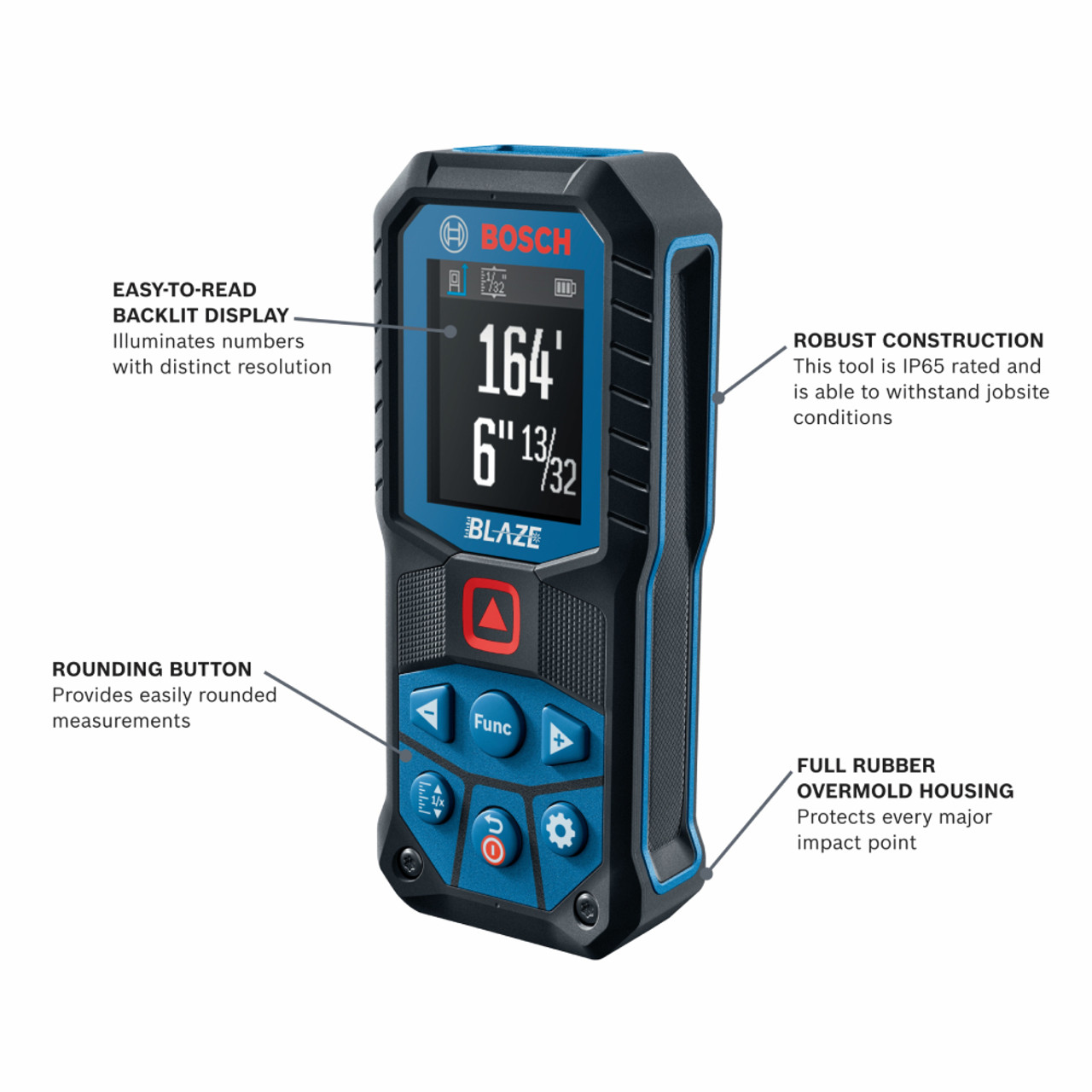 Bosch GLM165-22 BLAZE 165 feet Laser Measure showing features of the distance measurer Bosch GLM165-22 BLAZE 165 feet Laser Measure showing features of the distance measurer