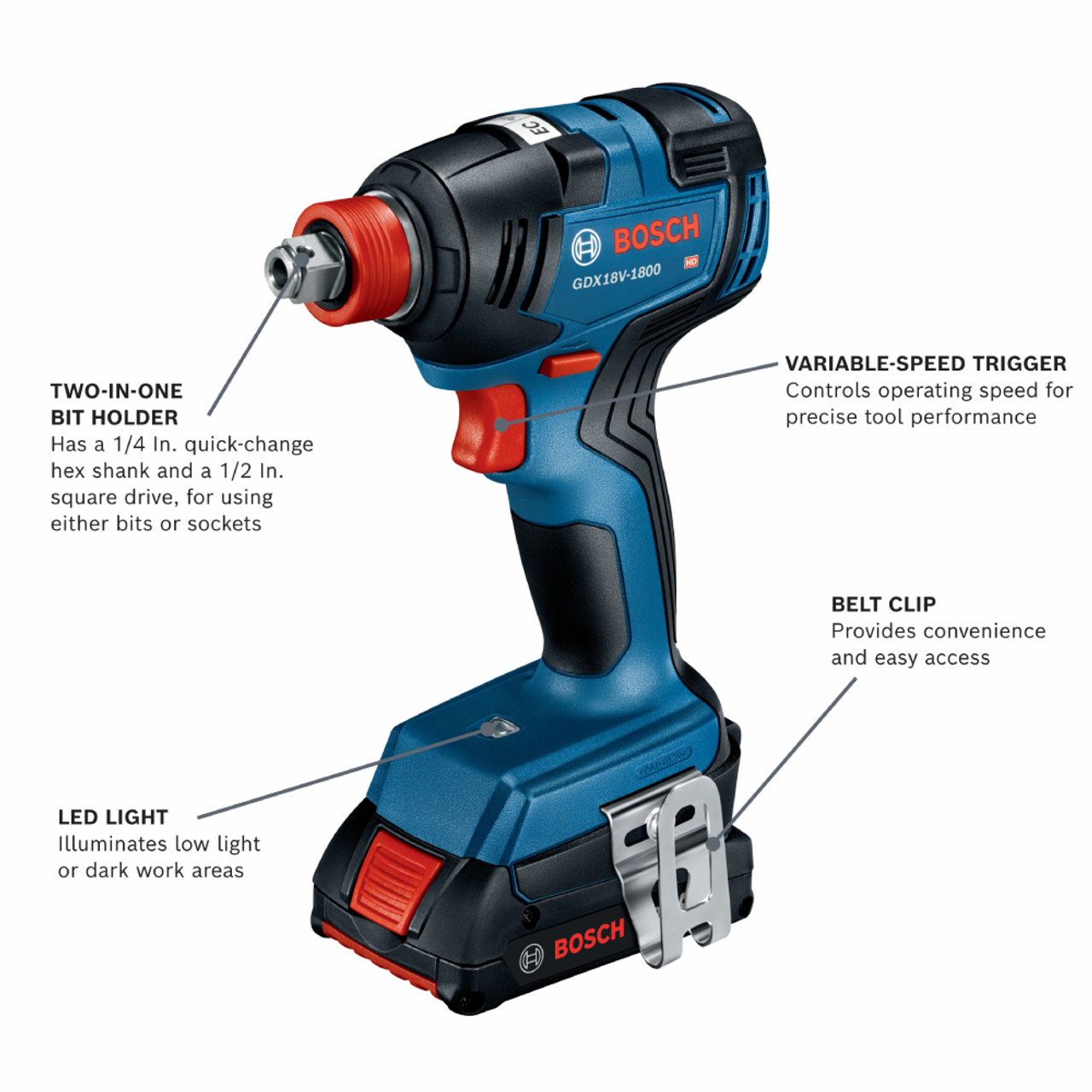 Bosch GXL18V-240B22 2-Tool 1/2 inch Hammer Drill/Driver  and Two-In-One Bit/Socket Impact Driver/Wrench Combo Kit showing features of the impact driver/wrench