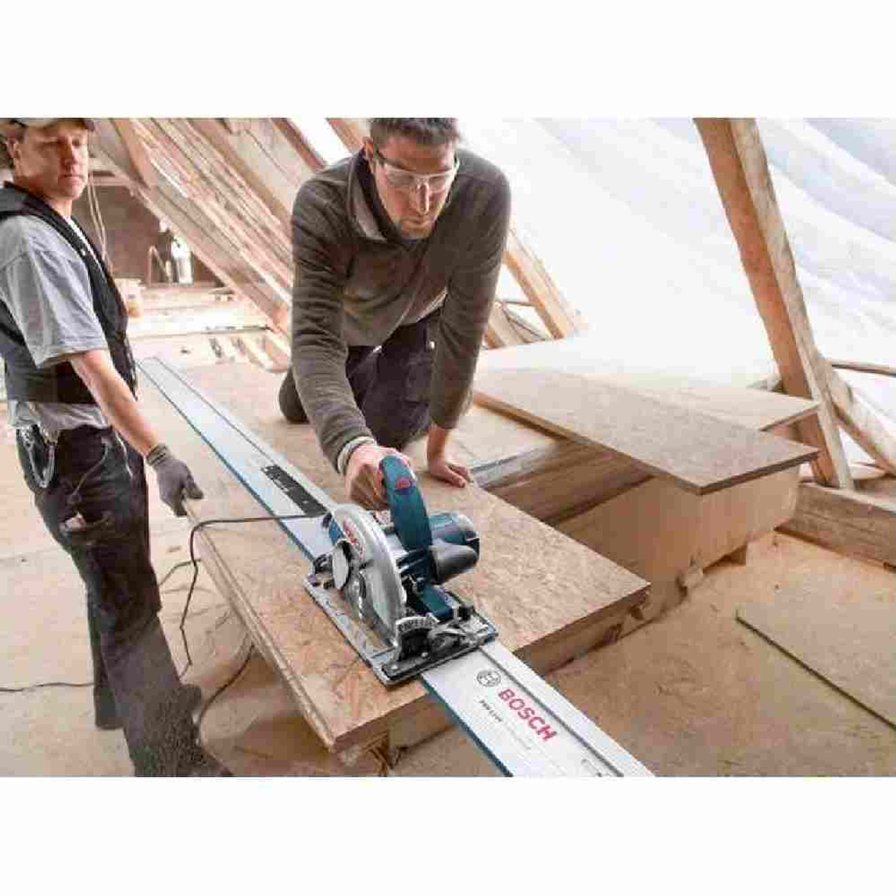 Bosch FSN1600 63 inch Track showing in use to cut down flat wood stock while being connected to an additional track (Additional track, connector plate, and saw sold separately) Bosch FSN1600 63 inch Track showing in use to cut down flat wood stock while being connected to an additional track (Additional track, connector plate, and saw sold separately)