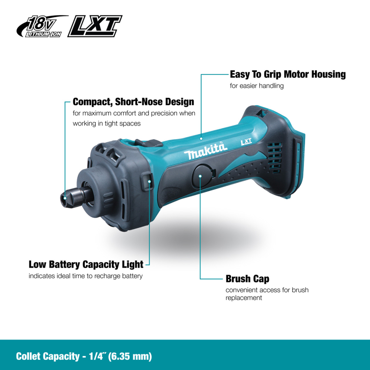Makita DGD801Z 18V LXT Cordless 1/4 inch Die Grinder with Barrel Grip (Tool Only) showing features of the die grinder Makita DGD801Z 18V LXT Cordless 1/4 inch Die Grinder with Barrel Grip (Tool Only) showing features of the die grinder