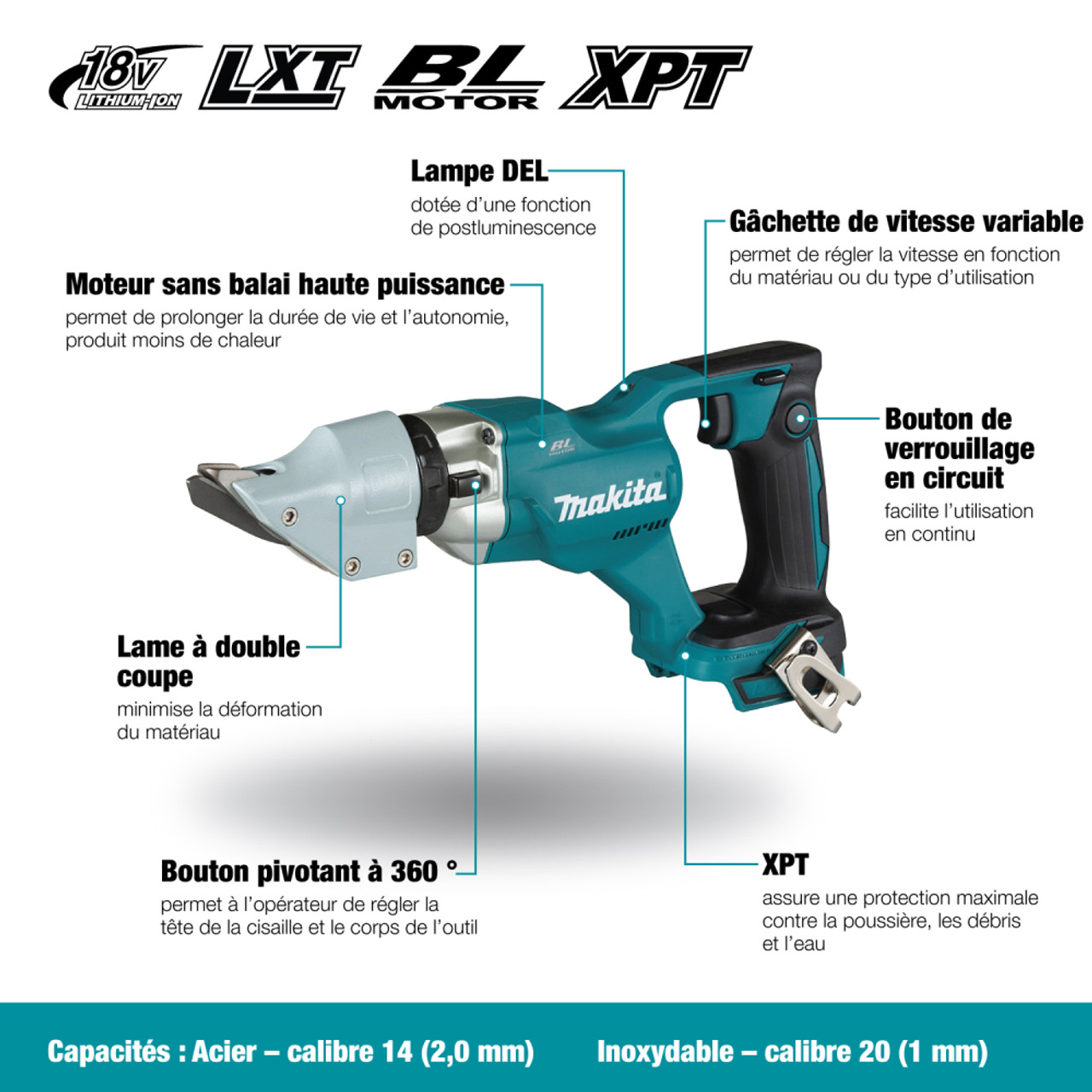 Makita DJS200Z 18V LXT Cordless Brushless 14 Gauge Straight Shears (Tool Only) showing  features of the shears in French Makita DJS200Z 18V LXT Cordless Brushless 14 Gauge Straight Shears (Tool Only) showing  features of the shears in French