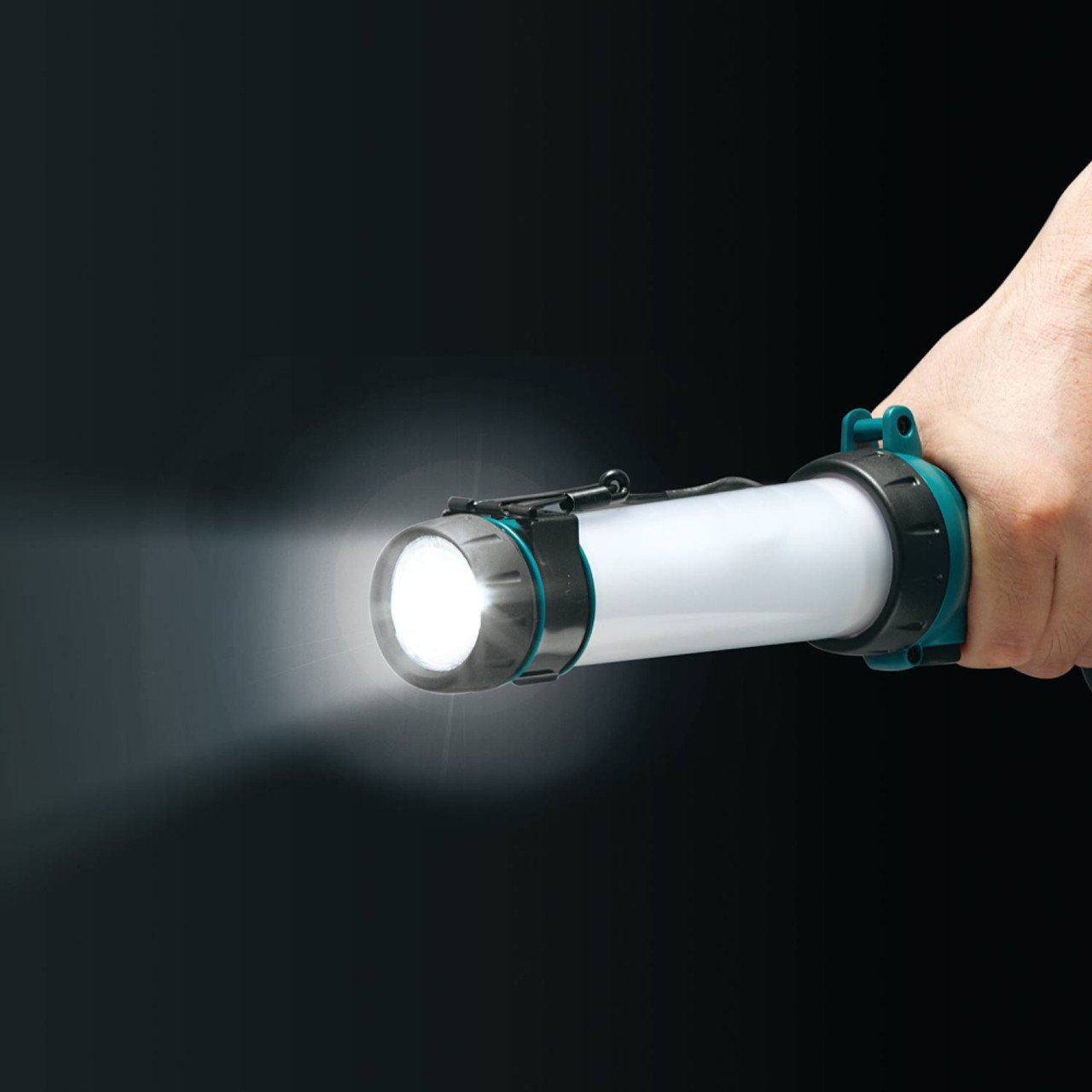 Makita DML806 18V LXT Cordless LED Lantern / Flashlight (Tool Only) showing in use shining the spot light Makita DML806 18V LXT Cordless LED Lantern / Flashlight (Tool Only) showing in use shining the spot light