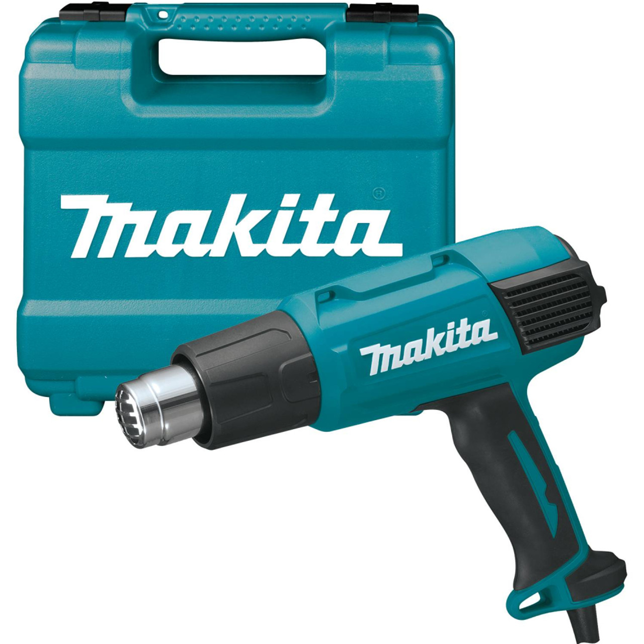 Makita HG6031VK 13 Amp Variable Temperature Heat Gun showing with case next to heat gun