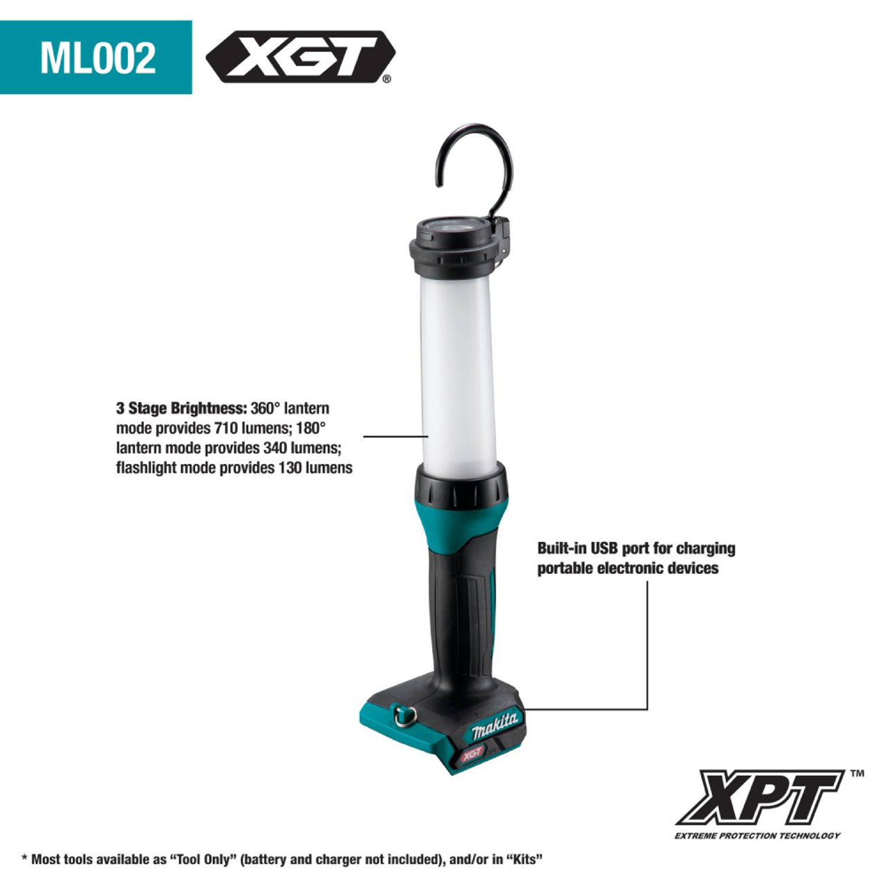 Makita ML002G 40V XGT MAX Cordless 710 Lumen LED Worklight (Tool Only) showing features of the work light