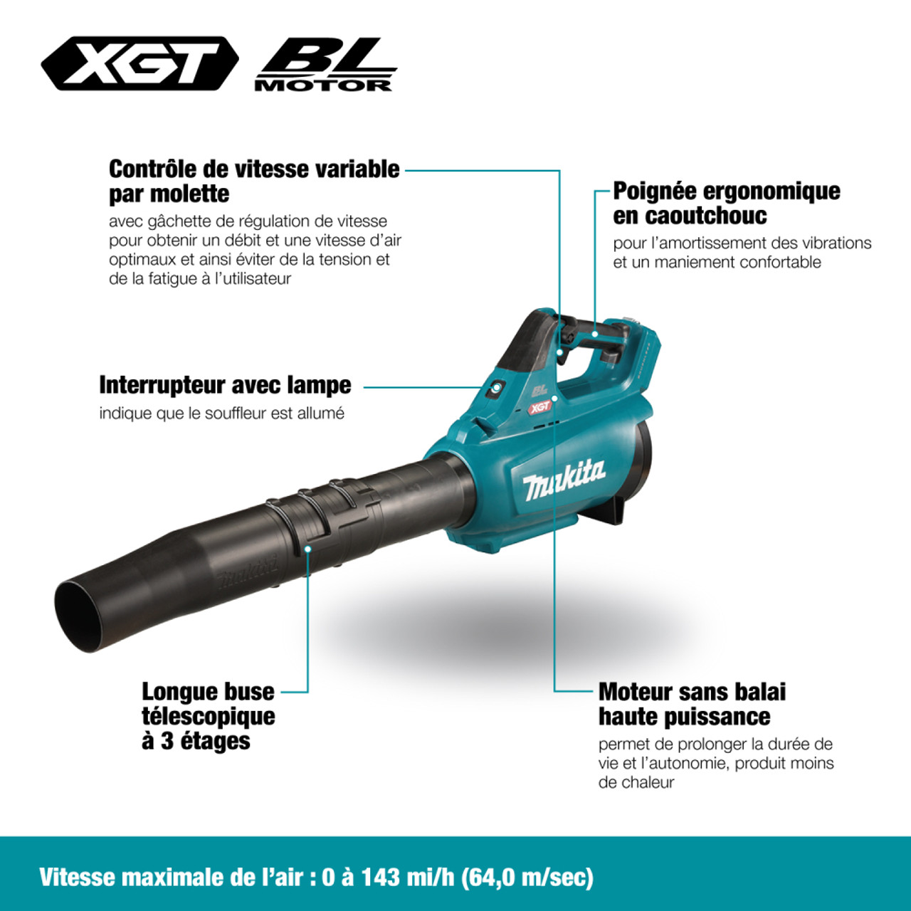Makita UB001GZ 40V MAX XGT Cordless Brushless Turbo Blower (Tool Only) showing features of the blower in French Makita UB001GZ 40V MAX XGT Cordless Brushless Turbo Blower (Tool Only) showing features of the blower in French