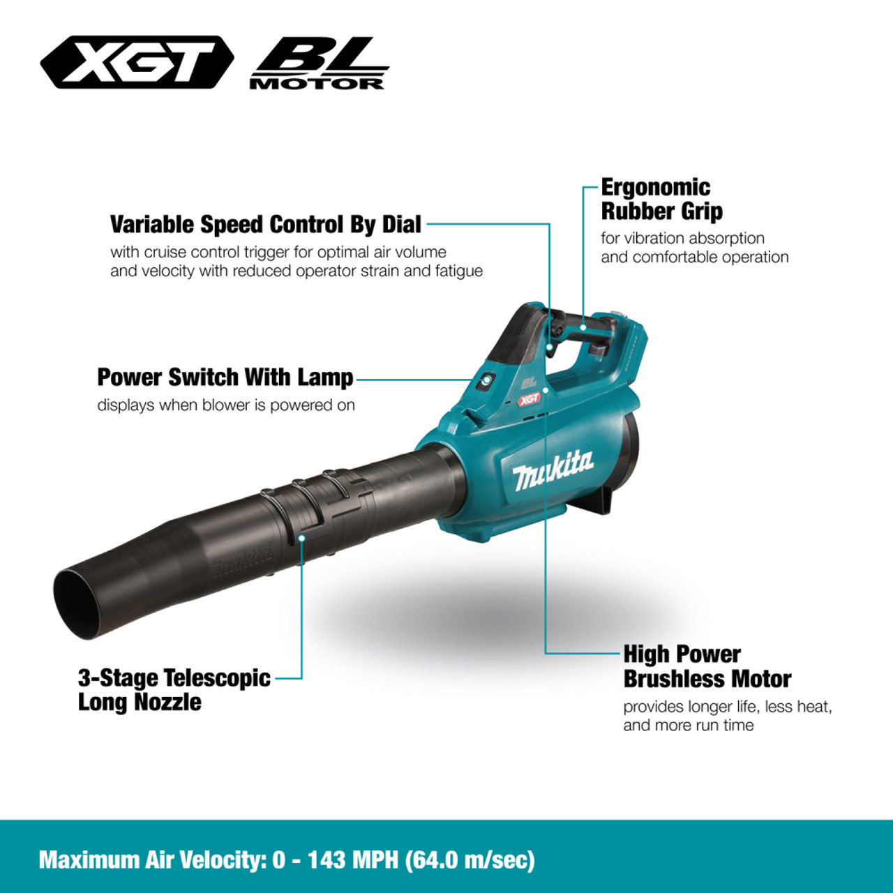Makita UB001GZ 40V MAX XGT Cordless Brushless Turbo Blower (Tool Only) showing features of the blower in English Makita UB001GZ 40V MAX XGT Cordless Brushless Turbo Blower (Tool Only) showing features of the blower in English