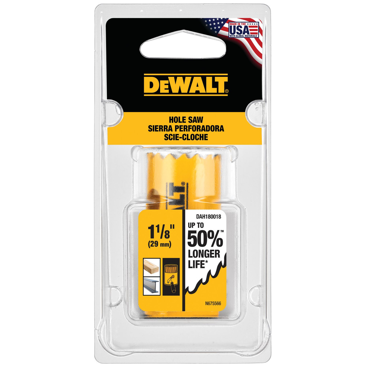 DeWalt DAH180018 1-1/8 inch Bi-Metal Hole Saw showing in packaging