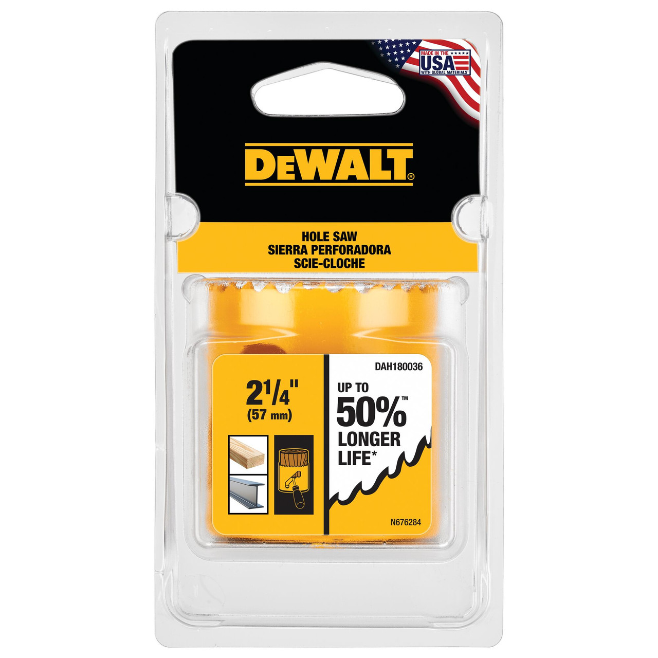 DeWalt DAH180036 2-1/4 Inch Bi-Metal Hole Saw showing in packaging