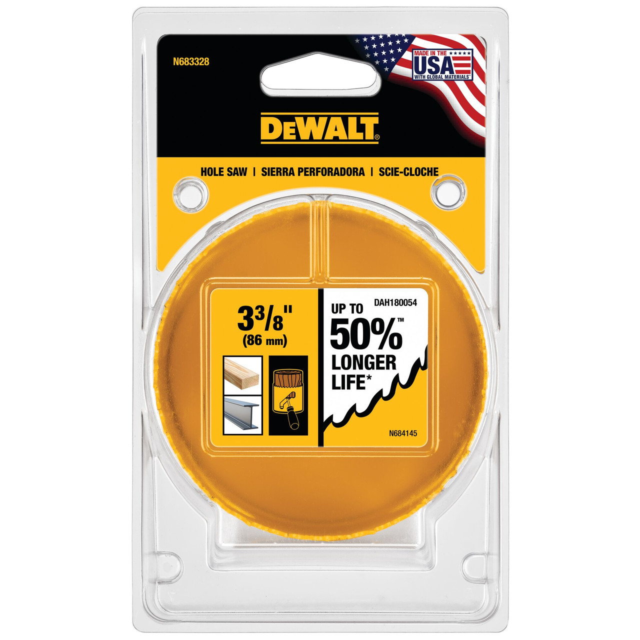 DeWalt DAH180054 3-3/8 Inch Bi-Metal Hole Saw showing in packaging