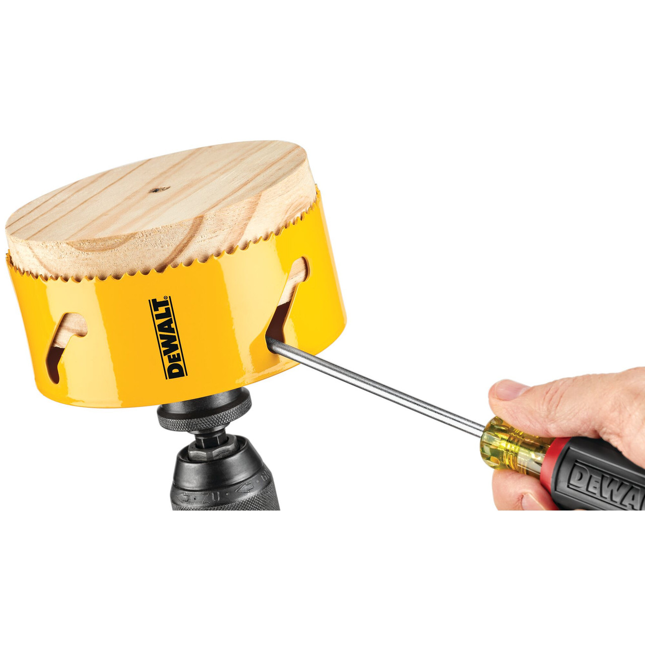 DeWalt DAH180080 5 Inch Bi-Metal Hole Saw showing hole saw having plug removed with screwdriver (Screwdriver sold separately)