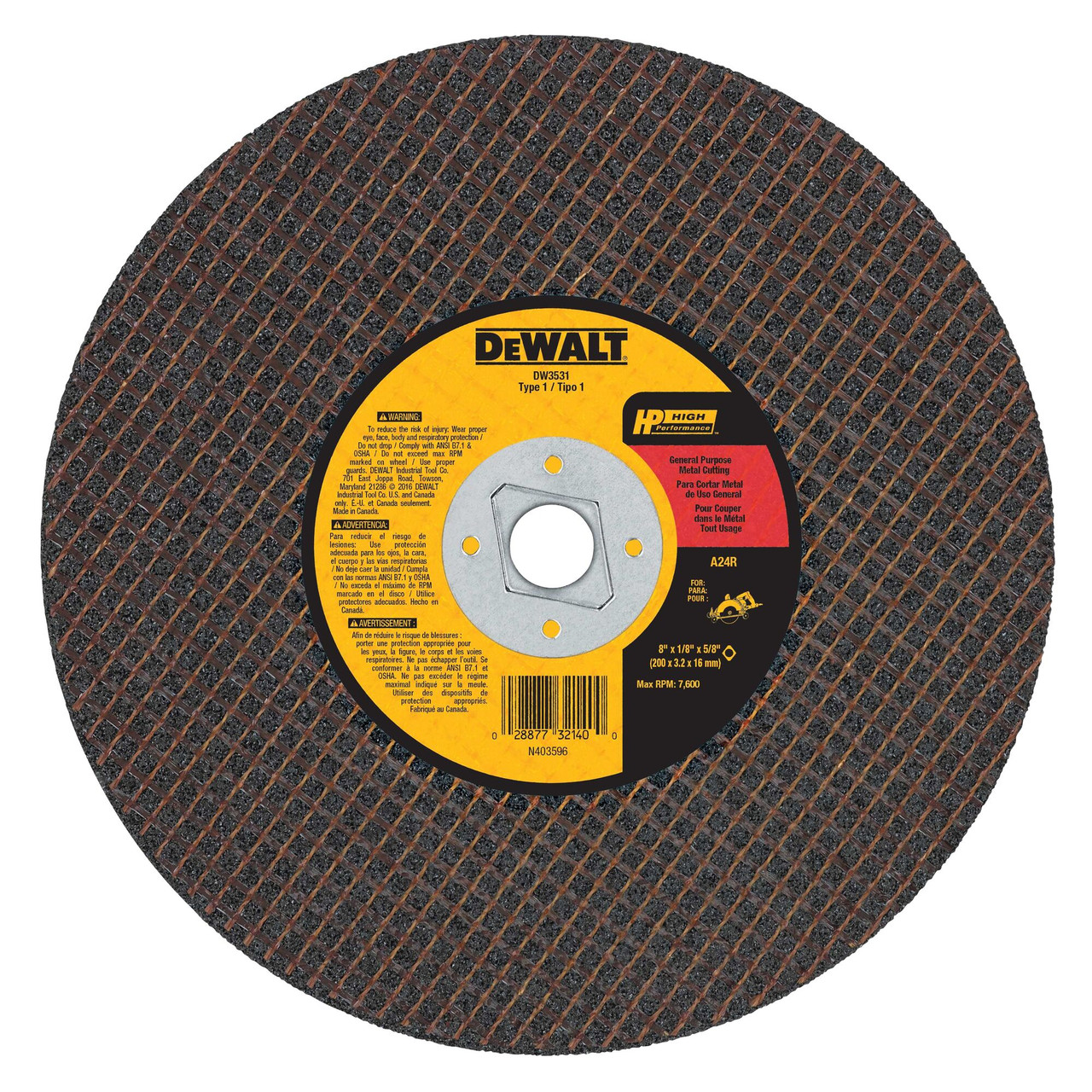 DeWalt DW3531 HP 8 Inch x 1/8 Inch x 5/8 Inch Metal Cut-Off Wheel DeWalt DW3531 HP 8 Inch x 1/8 Inch x 5/8 Inch Metal Cut-Off Wheel