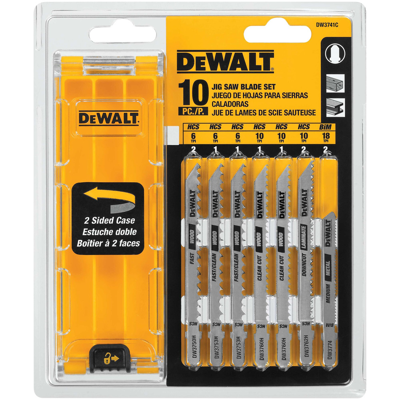 DeWalt DW3741C 10pc T-Shank Jig Saw Blade Set showing in packaging