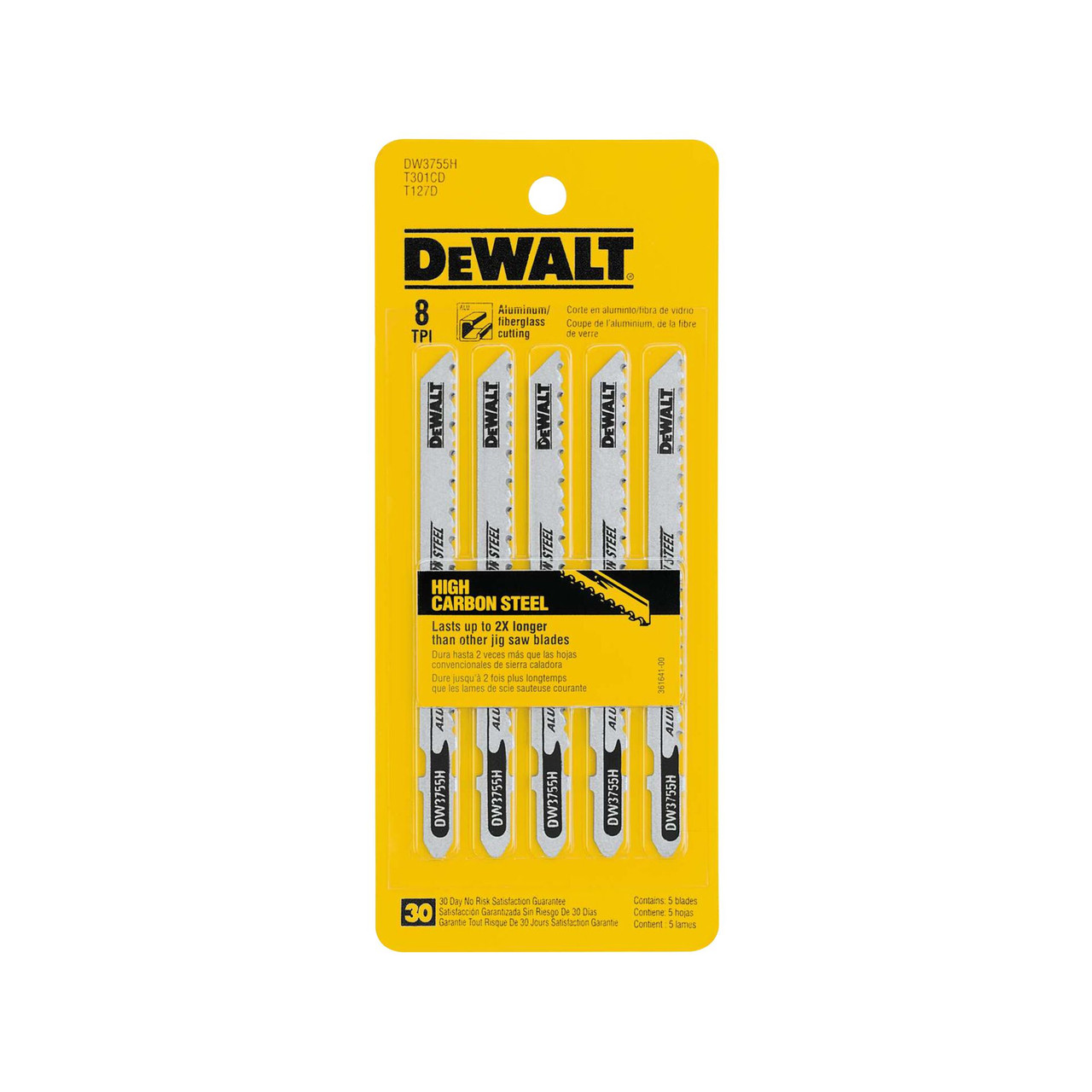 DeWalt DW3755H 4 inch 8 TPI HCS T-Shank Aluminum/Fiberglass Cutting Jig Saw Blades - 5pk showing in packaging