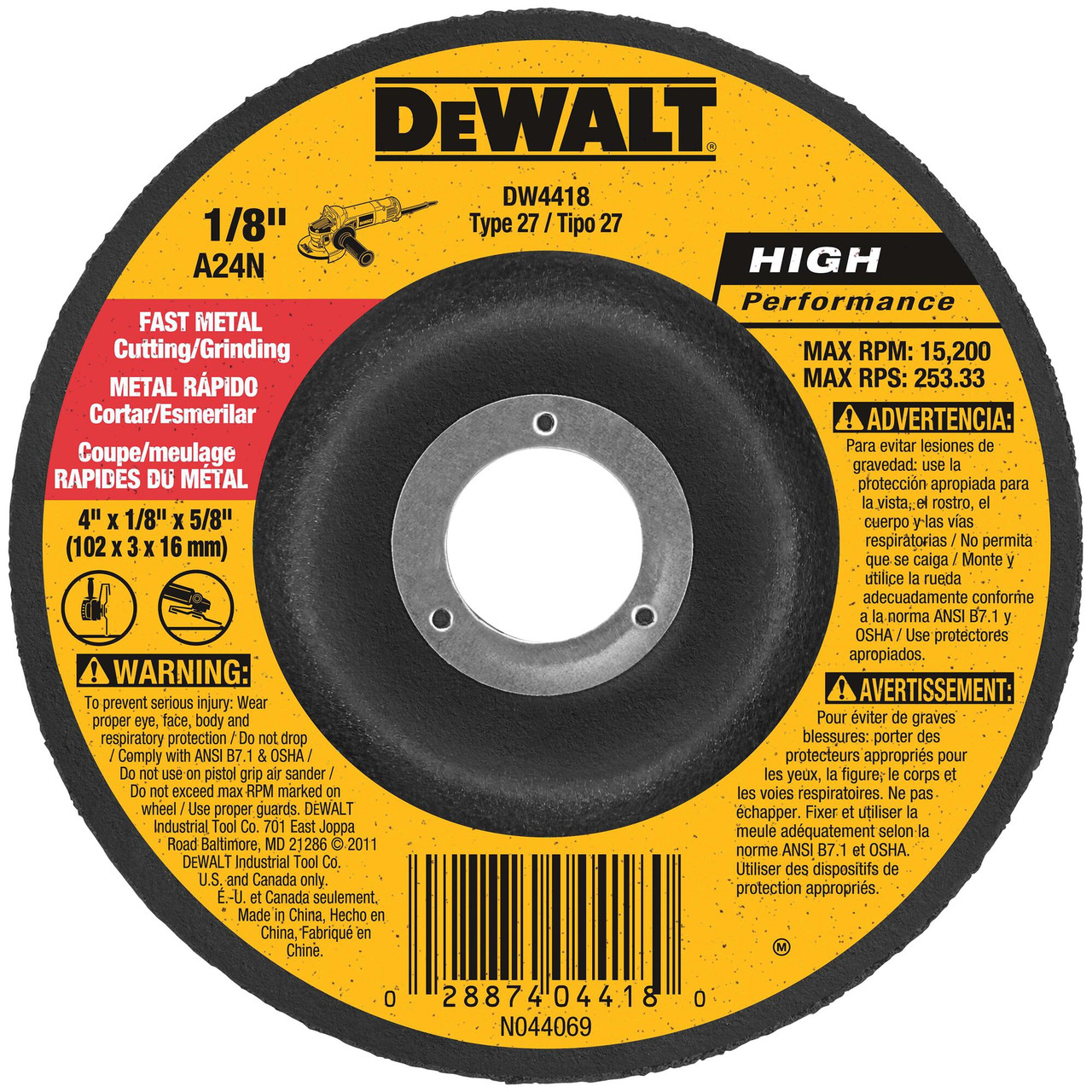 DeWalt DW4418 HP 4 inch x 1/8 inch x 5/8 inch Metal Cutting Cut-Off Wheel showing with label DeWalt DW4418 HP 4 inch x 1/8 inch x 5/8 inch Metal Cutting Cut-Off Wheel showing with label