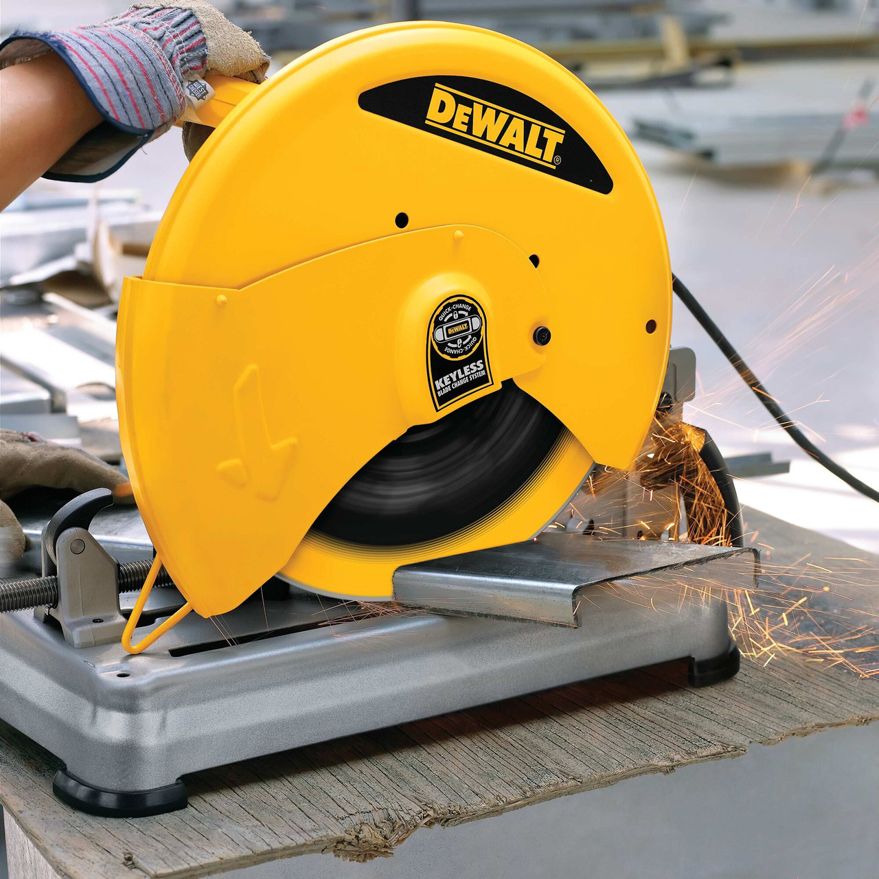 DeWalt DW8500 14 inch X 3/32 inch X 1 inch Diamond Edge Metal Cutting Chop Saw Wheel showing in use cutting through steel bracket