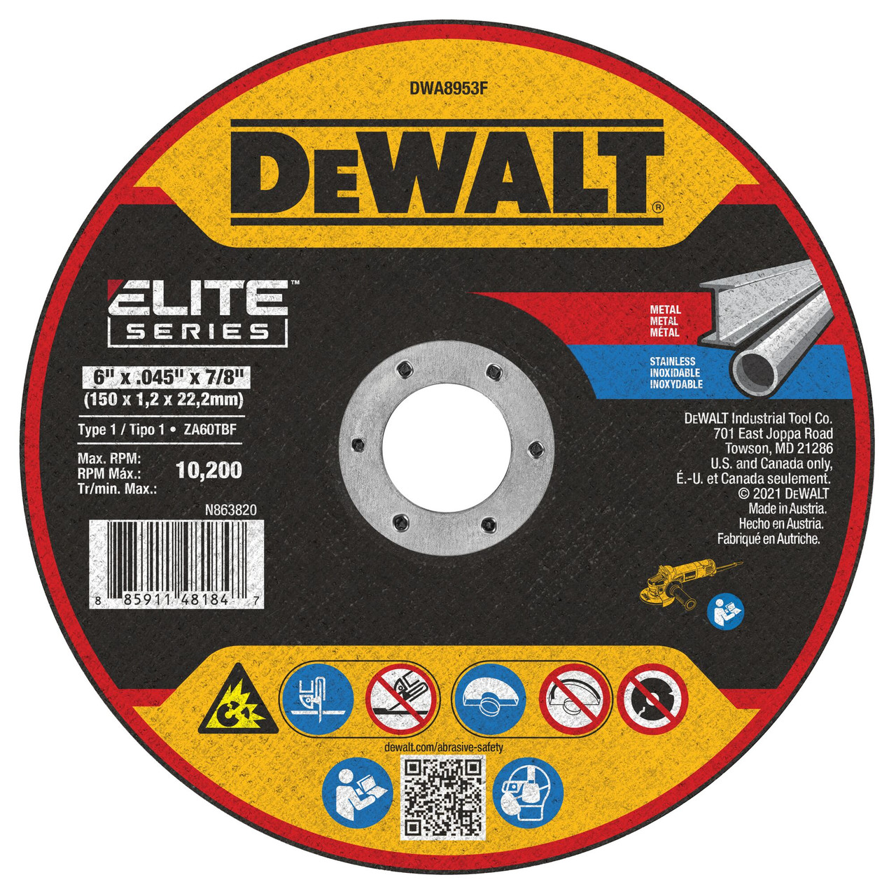 DeWalt DWA8953F ELITE SERIES 6 inch x .045 inch x 7/8 inch Type 1 Metal Cutting Cut-Off Wheel showing with label