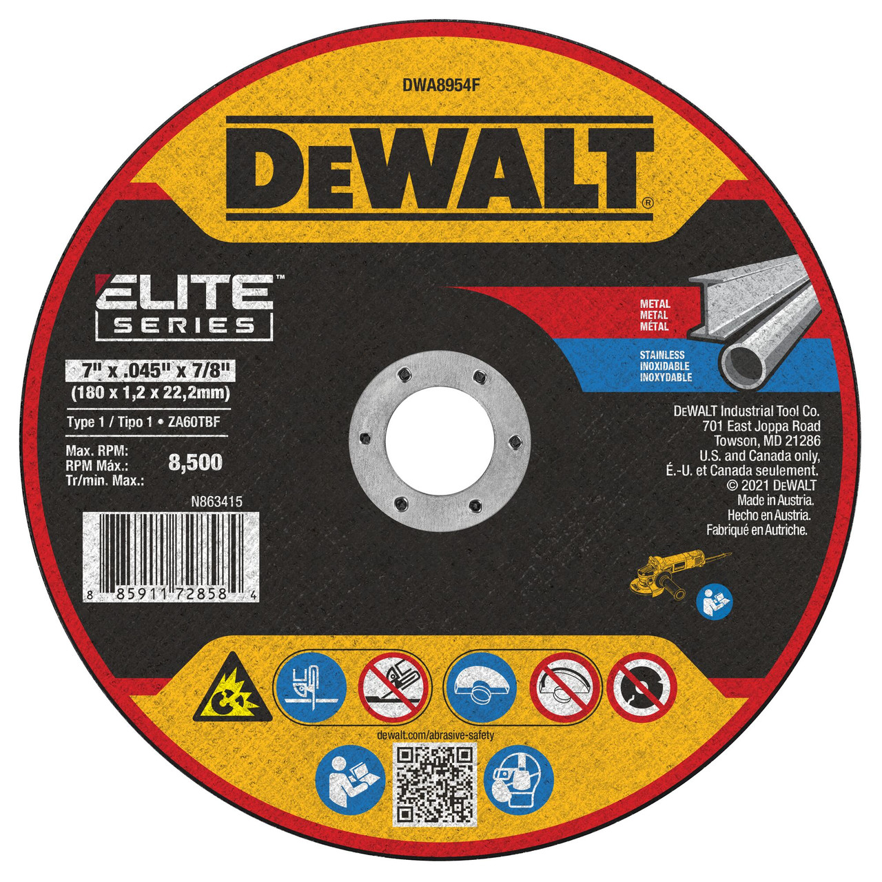 DeWalt DWA8954F ELITE SERIES 7 inch x .045 inch x 5/8 inch Type 1 Metal Cutting Cut-Off Wheel showing with label DeWalt DWA8954F ELITE SERIES 7 inch x .045 inch x 5/8 inch Type 1 Metal Cutting Cut-Off Wheel showing with label
