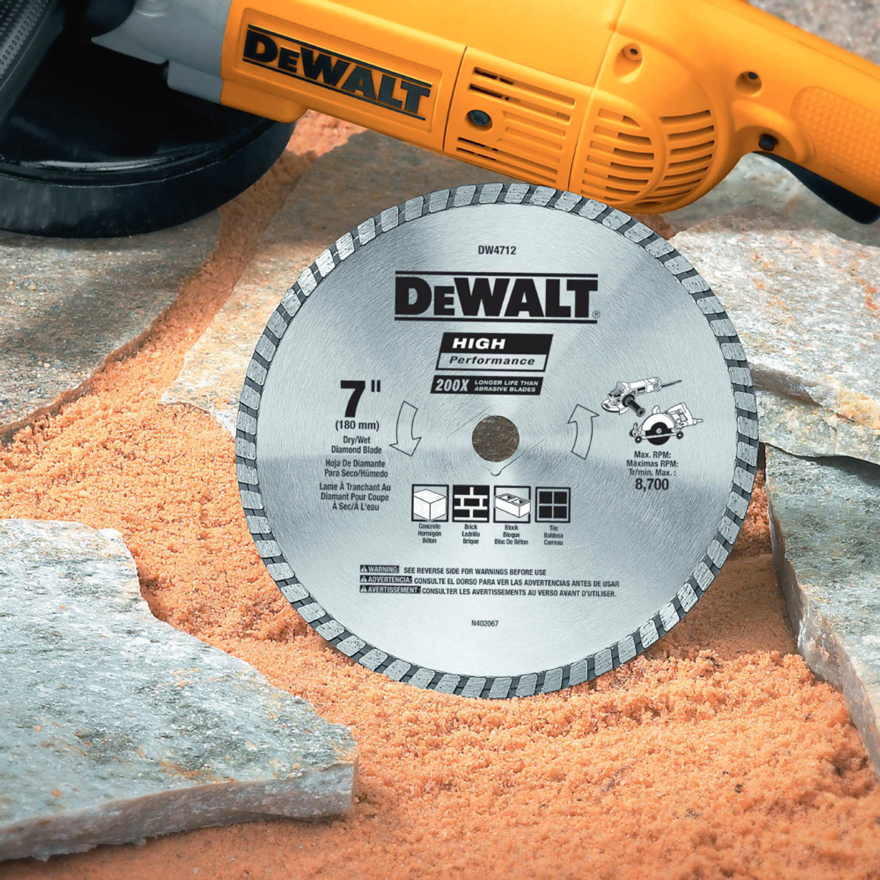 DeWalt DW4712 HP 7 inch Turbo Diamond Masonry Blade showing blade resting on a jobsite leaning against block