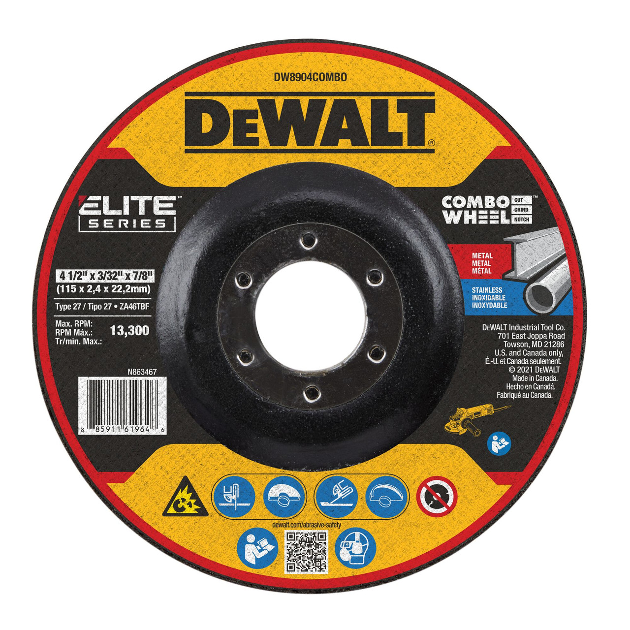DeWalt DW8904COMBO ELITE SERIES 4-1/2 inch x 3/32 inch x 7/8 inch Type 27 Combo Wheel DeWalt DW8904COMBO ELITE SERIES 4-1/2 inch x 3/32 inch x 7/8 inch Type 27 Combo Wheel