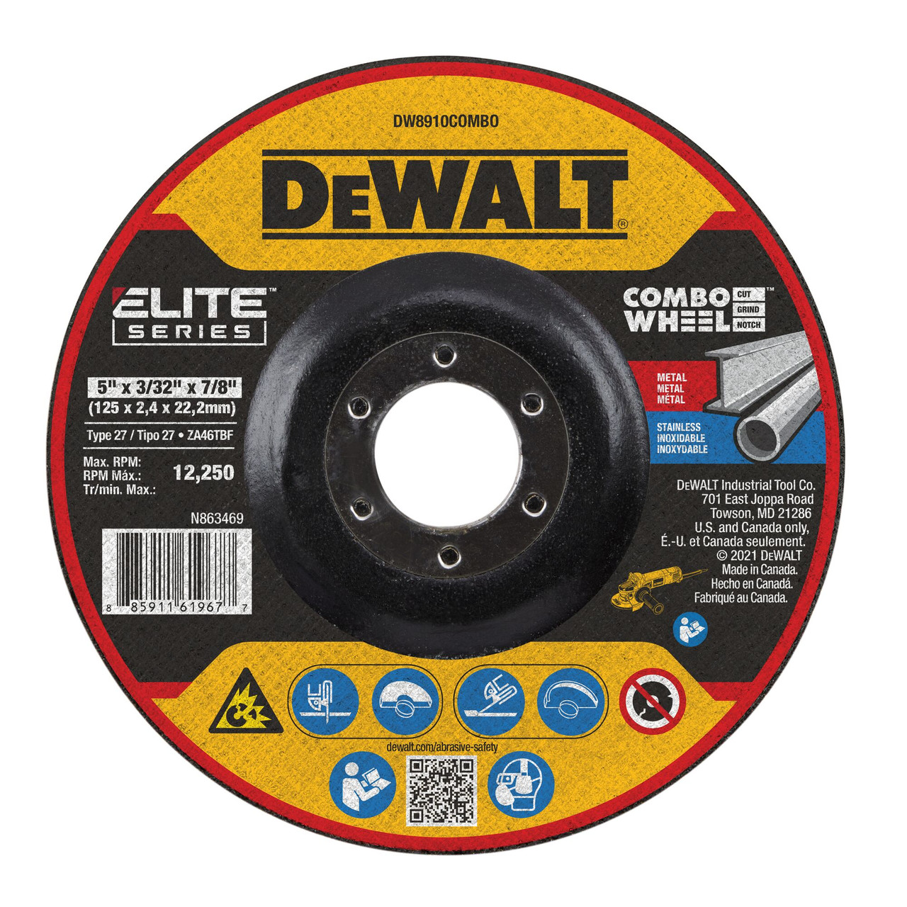 DeWalt DW8910COMBO ELITE SERIES 5 inch x 3/32 inch x 7/8 inch Type 27 Combo Wheel DeWalt DW8910COMBO ELITE SERIES 5 inch x 3/32 inch x 7/8 inch Type 27 Combo Wheel