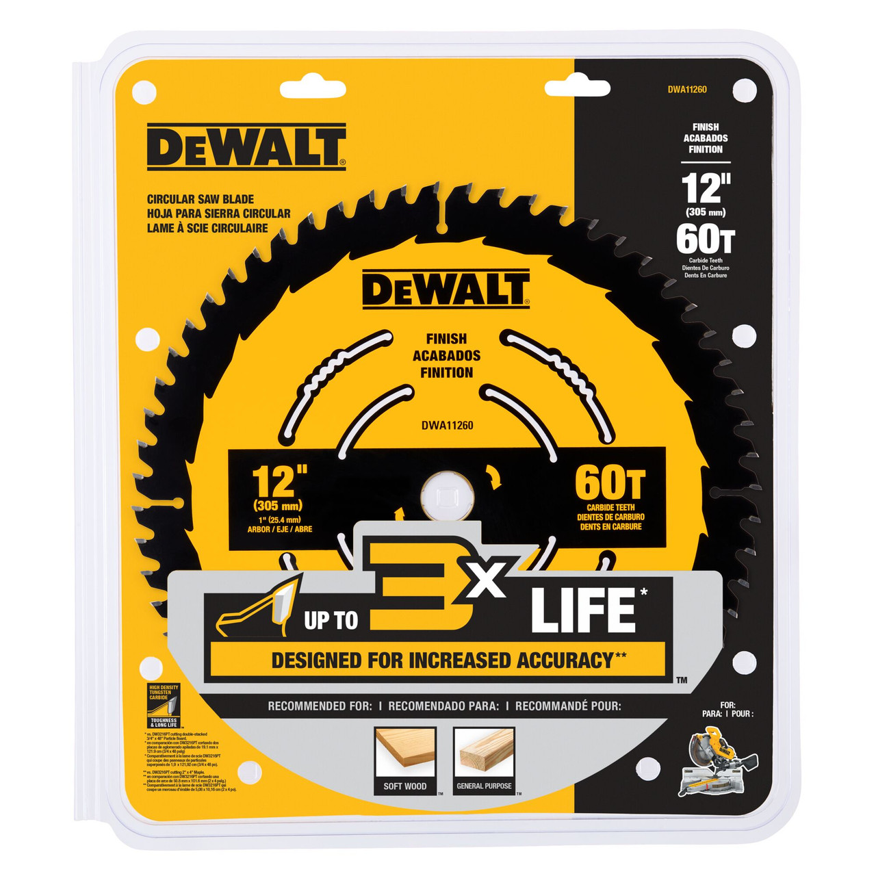 DeWalt DWA11260 12 inch x 60T Finish Circular Saw Blade showing in packaging
