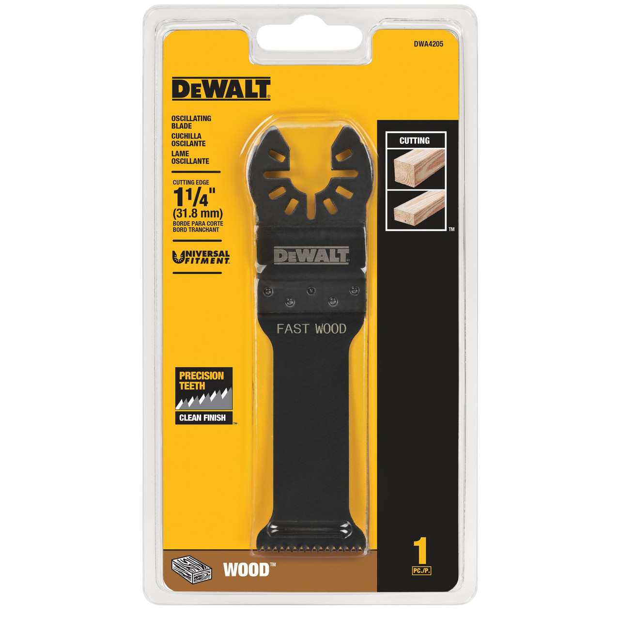 DeWalt DWA4205 1-1/4 inch High Carbon Steel Hardwood Cutting Oscillating Blade showing blade in packaging