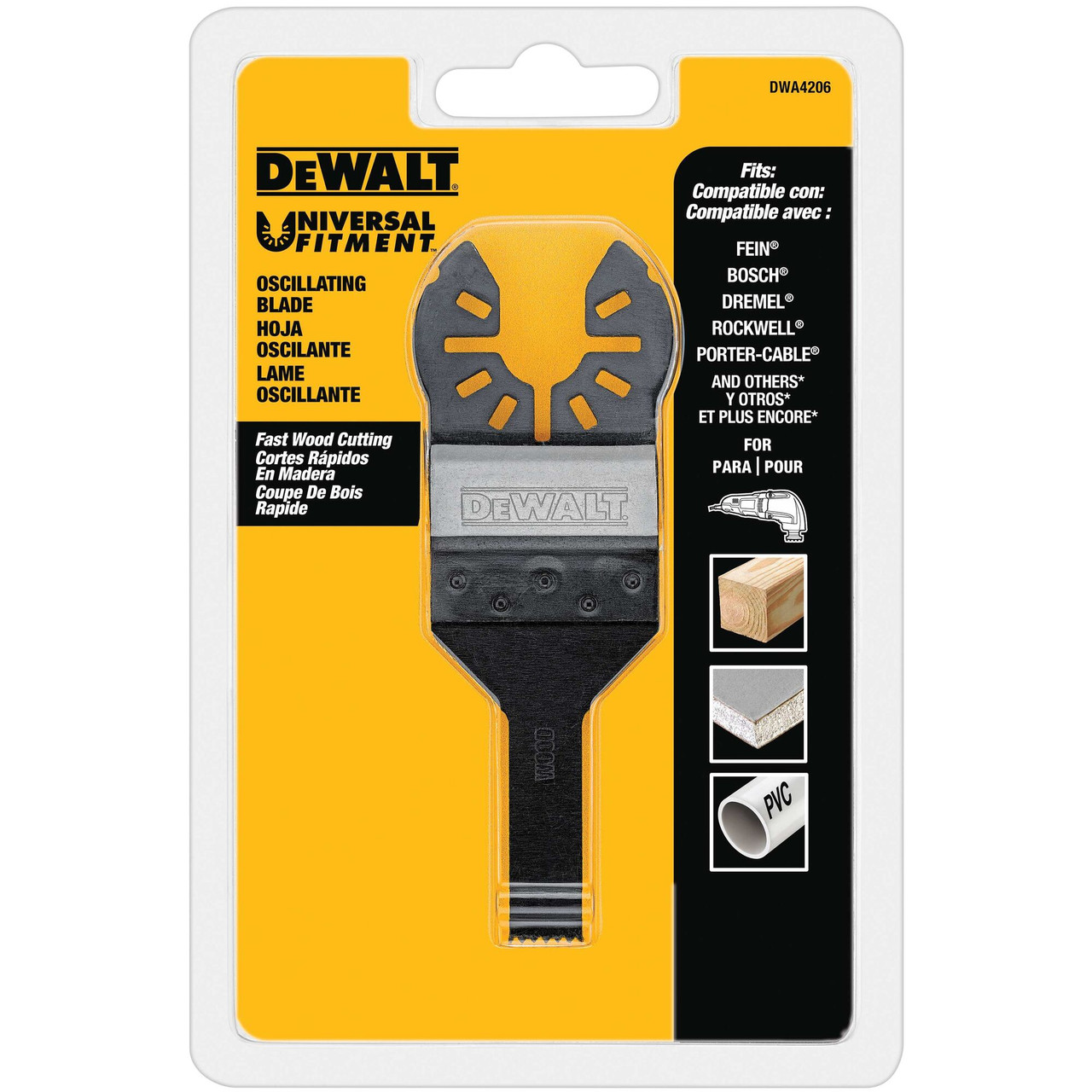 DeWalt DWA4208 3/8 inch High Carbon Steel Detail Wood Cutting Oscillating Blade showing blade in packaging DeWalt DWA4208 3/8 inch High Carbon Steel Detail Wood Cutting Oscillating Blade showing blade in packaging