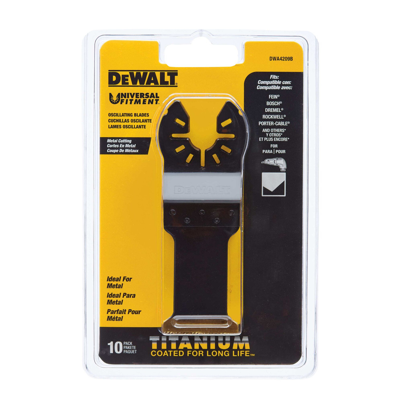 DeWalt DWA4209B 1-1/4 inch Titanium Coated Metal Cutting Oscillating Blades - 10pk showing in packaging DeWalt DWA4209B 1-1/4 inch Titanium Coated Metal Cutting Oscillating Blades - 10pk showing in packaging