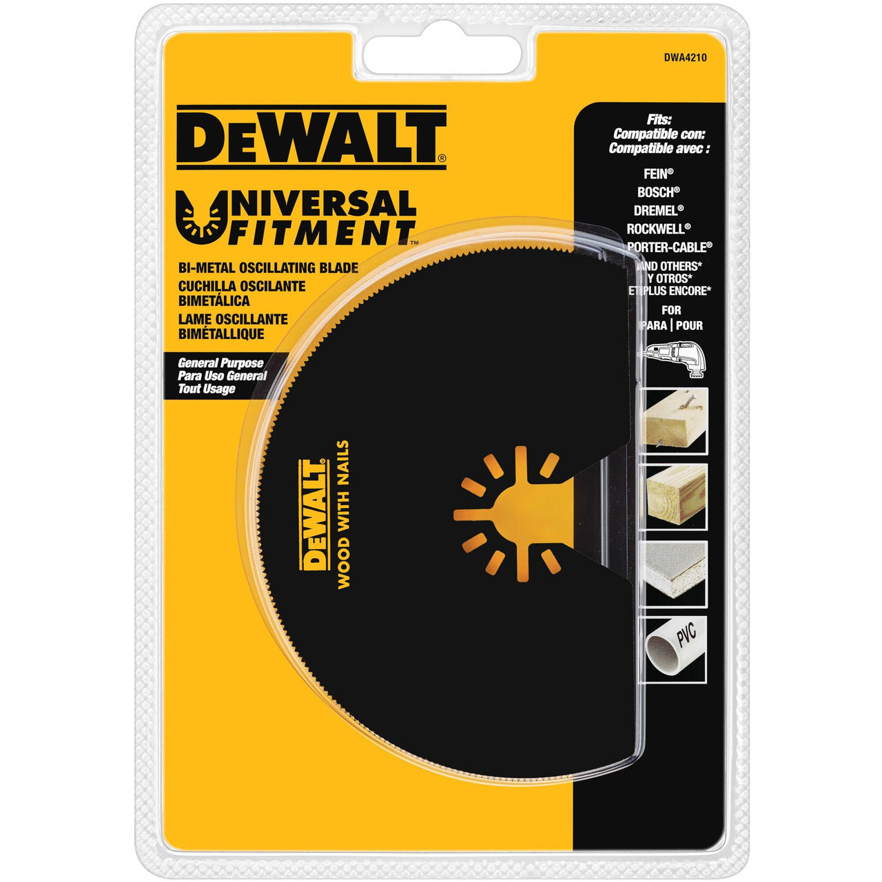 DeWalt DWA4210 Bi-Metal General-Purpose Wood with Nails Cutting Oscillating Semicircle Blade showing blade in packaging DeWalt DWA4210 Bi-Metal General-Purpose Wood with Nails Cutting Oscillating Semicircle Blade showing blade in packaging