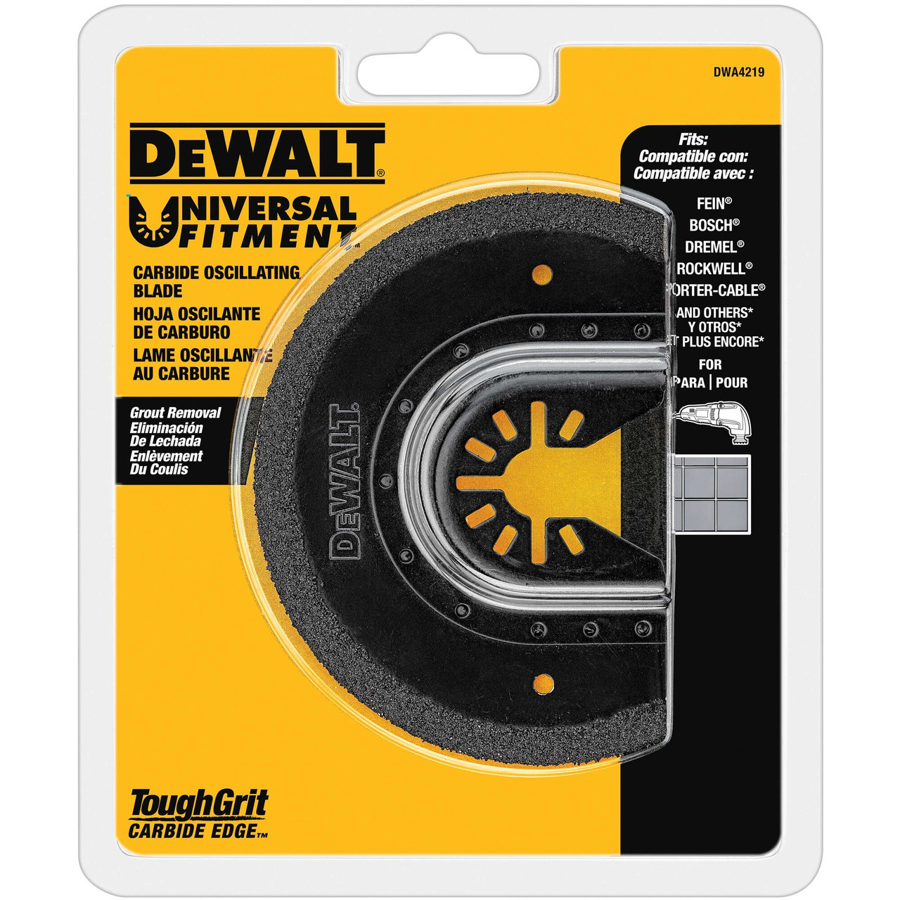 DeWalt DWA4219 Carbide Oscillating Grout Removal Blade showing blade in packaging
