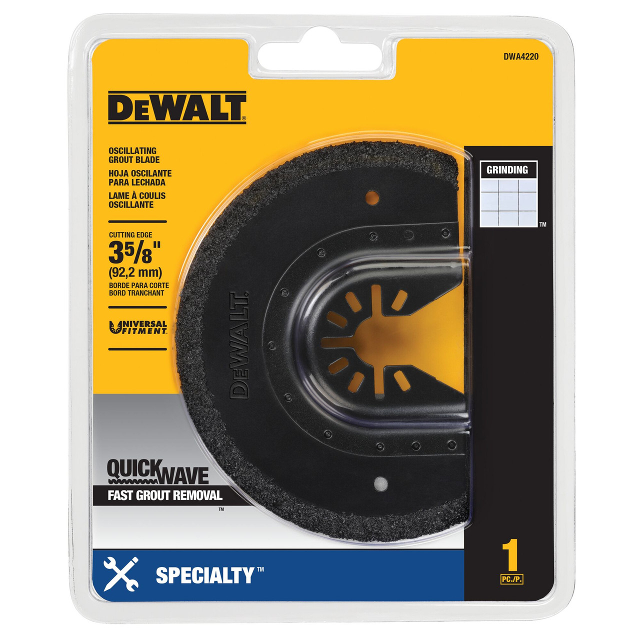 DeWalt DWA4220 3-5/8 inch Carbide Oscillating Fast Grout Removal Blade showing blade in packaging DeWalt DWA4220 3-5/8 inch Carbide Oscillating Fast Grout Removal Blade showing blade in packaging