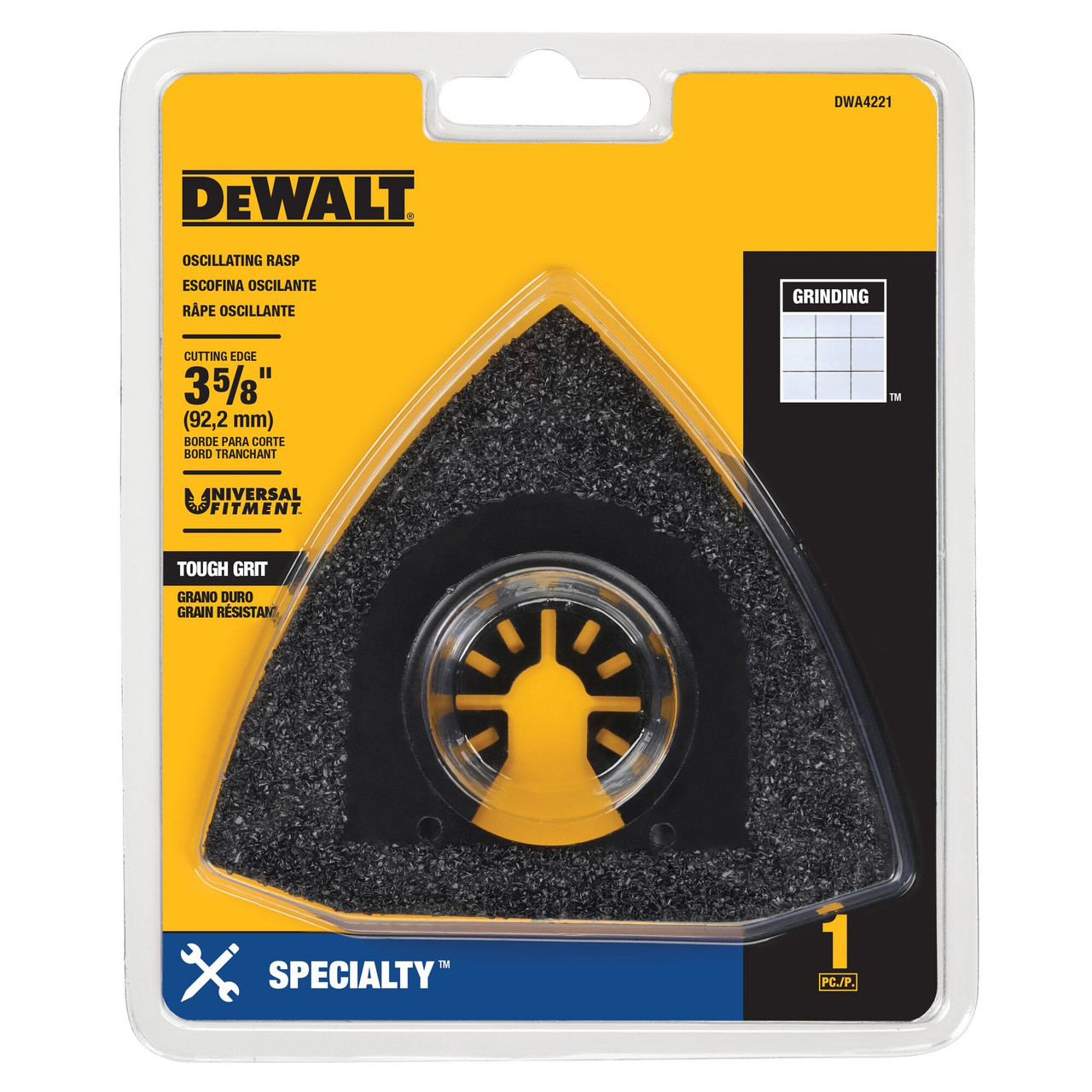 DeWalt DWA4221 3-5/8 inch Tough Grit Carbide Oscillating Rasp Blade showing blade in packaging DeWalt DWA4221 3-5/8 inch Tough Grit Carbide Oscillating Rasp Blade showing blade in packaging