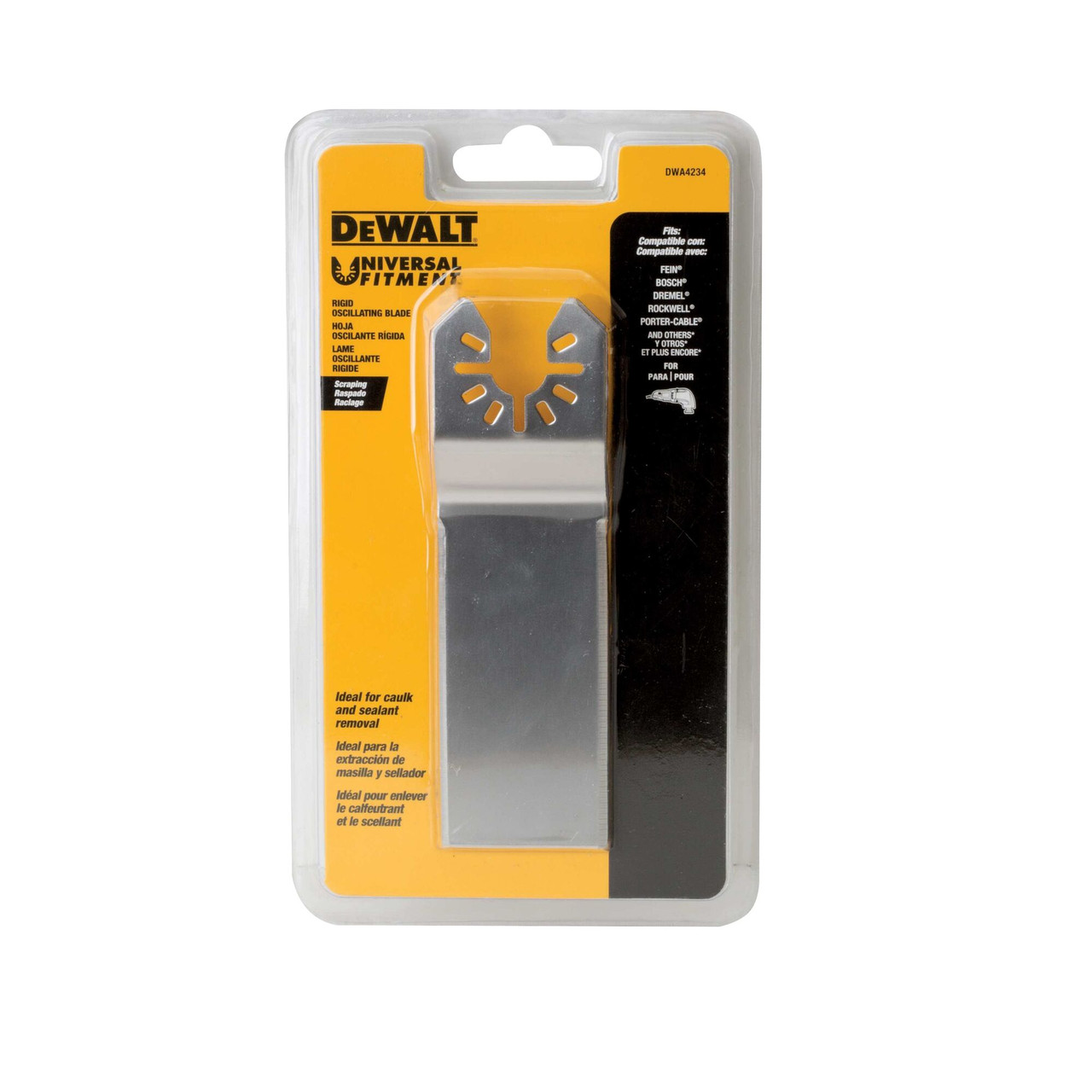 DeWalt DWA4234 Flush Cutting Oscillating Rigid Rectangular Scraper Blade showing blade in packaging DeWalt DWA4234 Flush Cutting Oscillating Rigid Rectangular Scraper Blade showing blade in packaging