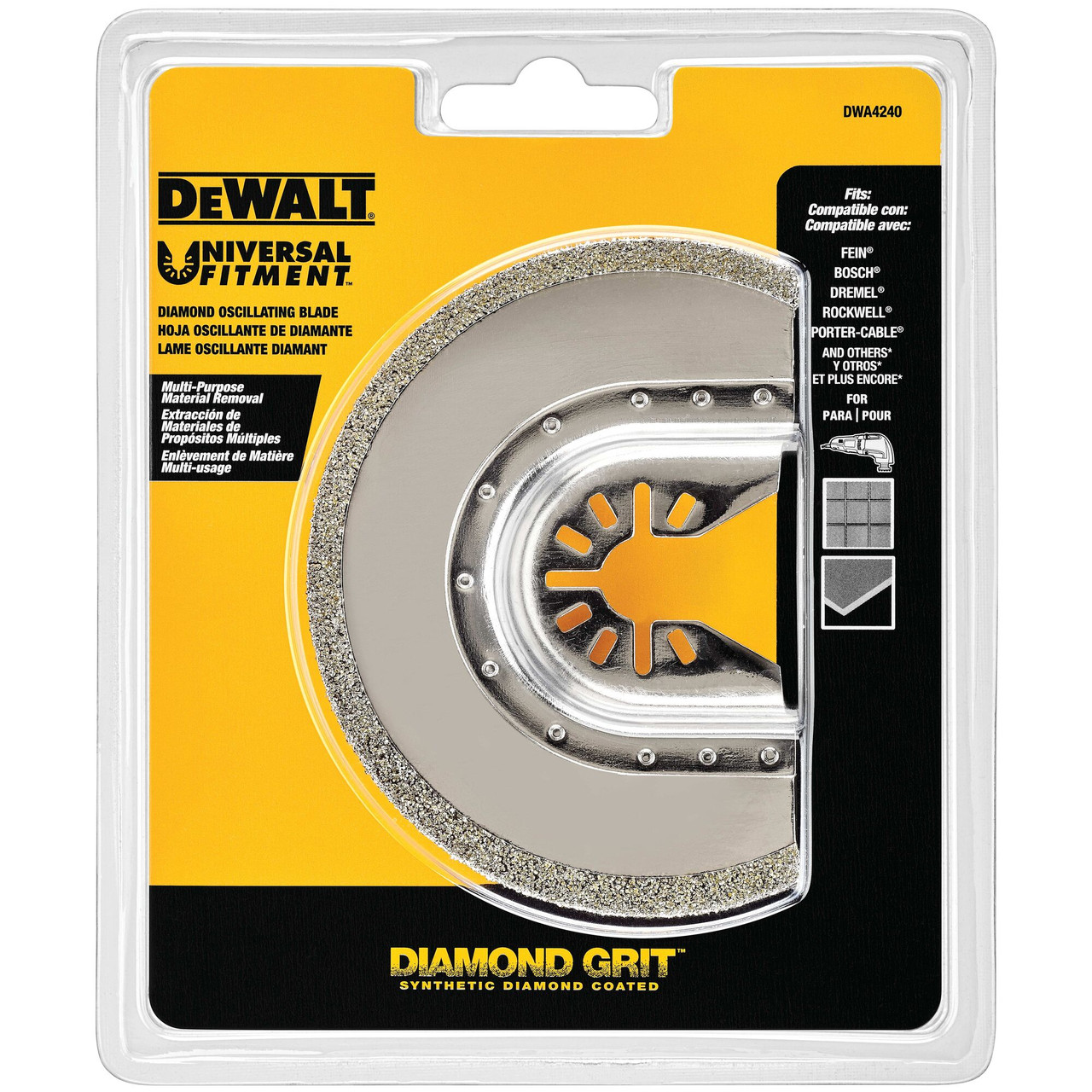DeWalt DWA4240 Multi-Material Cutting Diamond Oscillating Half Moon Blade showing blade in packaging DeWalt DWA4240 Multi-Material Cutting Diamond Oscillating Half Moon Blade showing blade in packaging