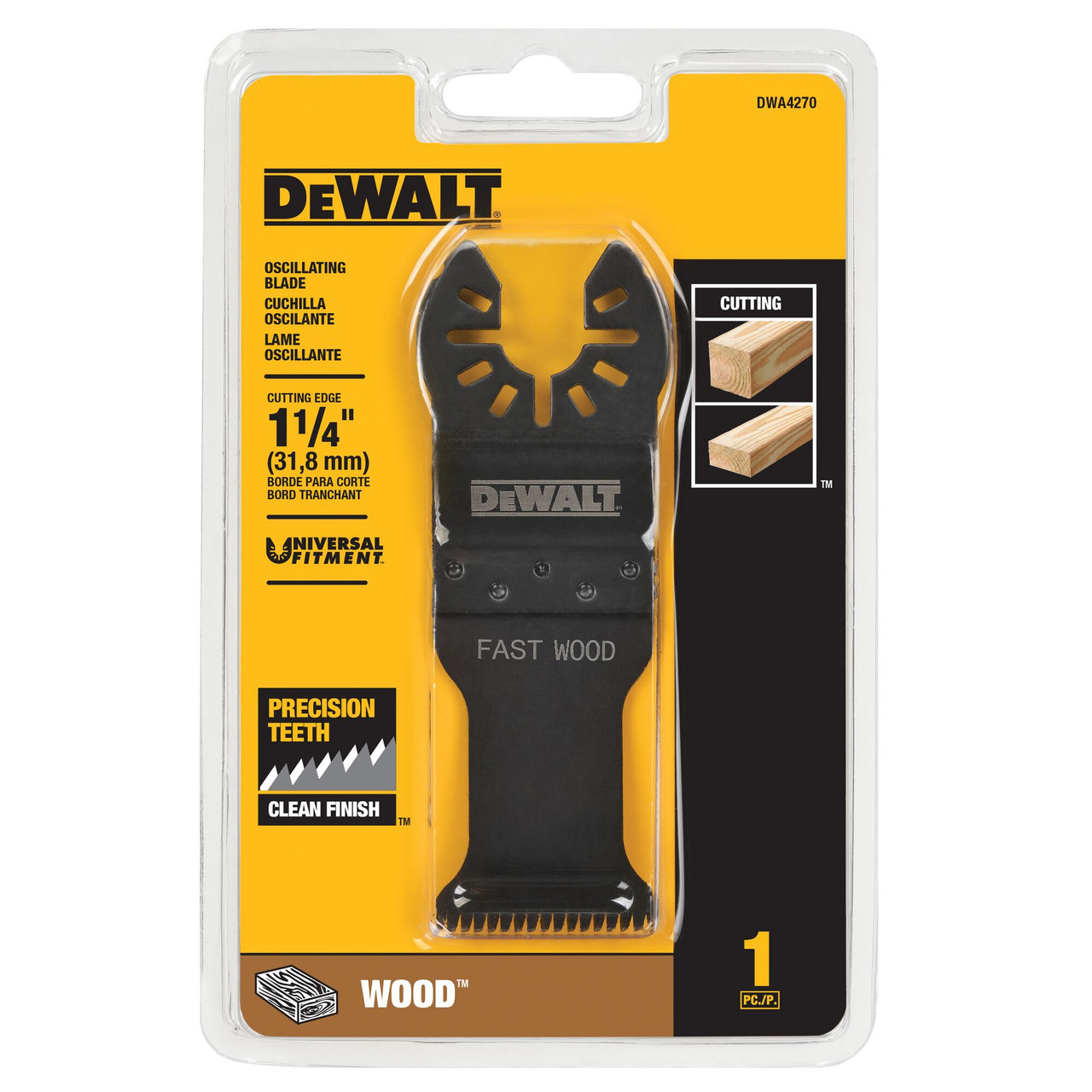 DeWalt DWA4270 1-1/4 inch Precision Tooth Fast Wood Cutting Oscillating Blade showing blade in packaging DeWalt DWA4270 1-1/4 inch Precision Tooth Fast Wood Cutting Oscillating Blade showing blade in packaging