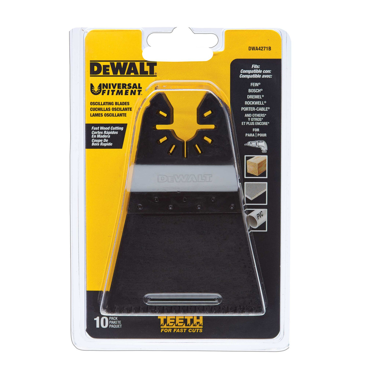 DeWalt DWA4271-3 2-1/2 inch Precision Tooth Fast Wood Cutting Oscillating Blades -3pk showing blade in packaging