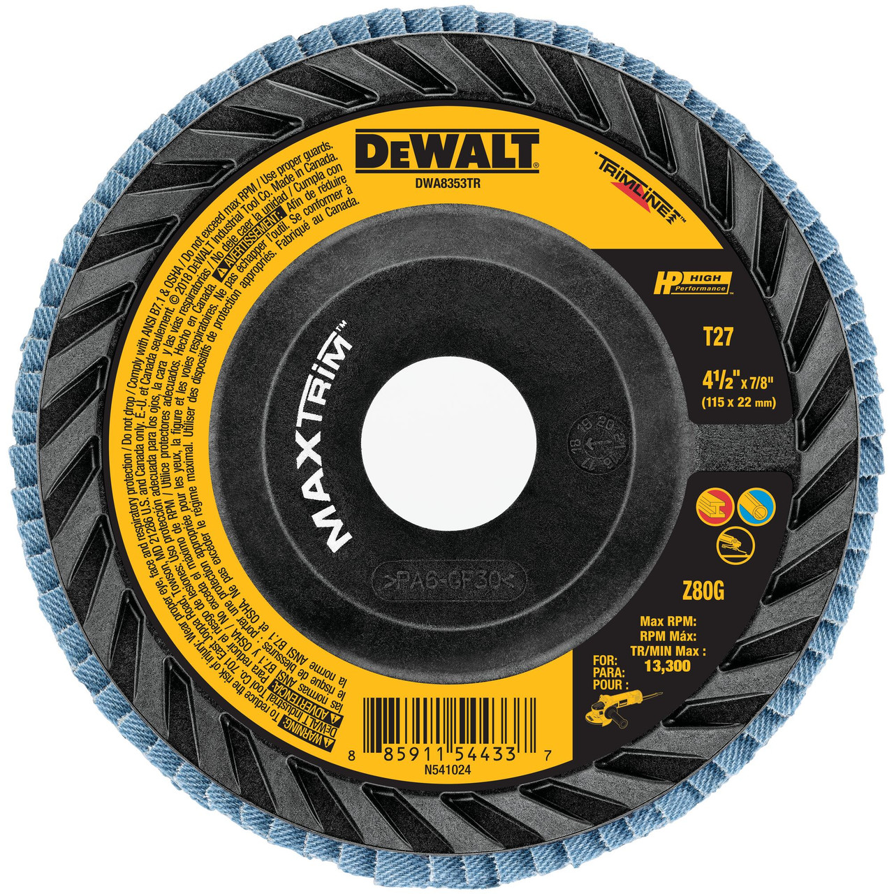 DeWalt DWA8353TR HP MAXTRIM 4-1/2 inch 80G Type 27 Zirconia Trimmable Backer Flap Disc DeWalt DWA8353TR HP MAXTRIM 4-1/2 inch 80G Type 27 Zirconia Trimmable Backer Flap Disc