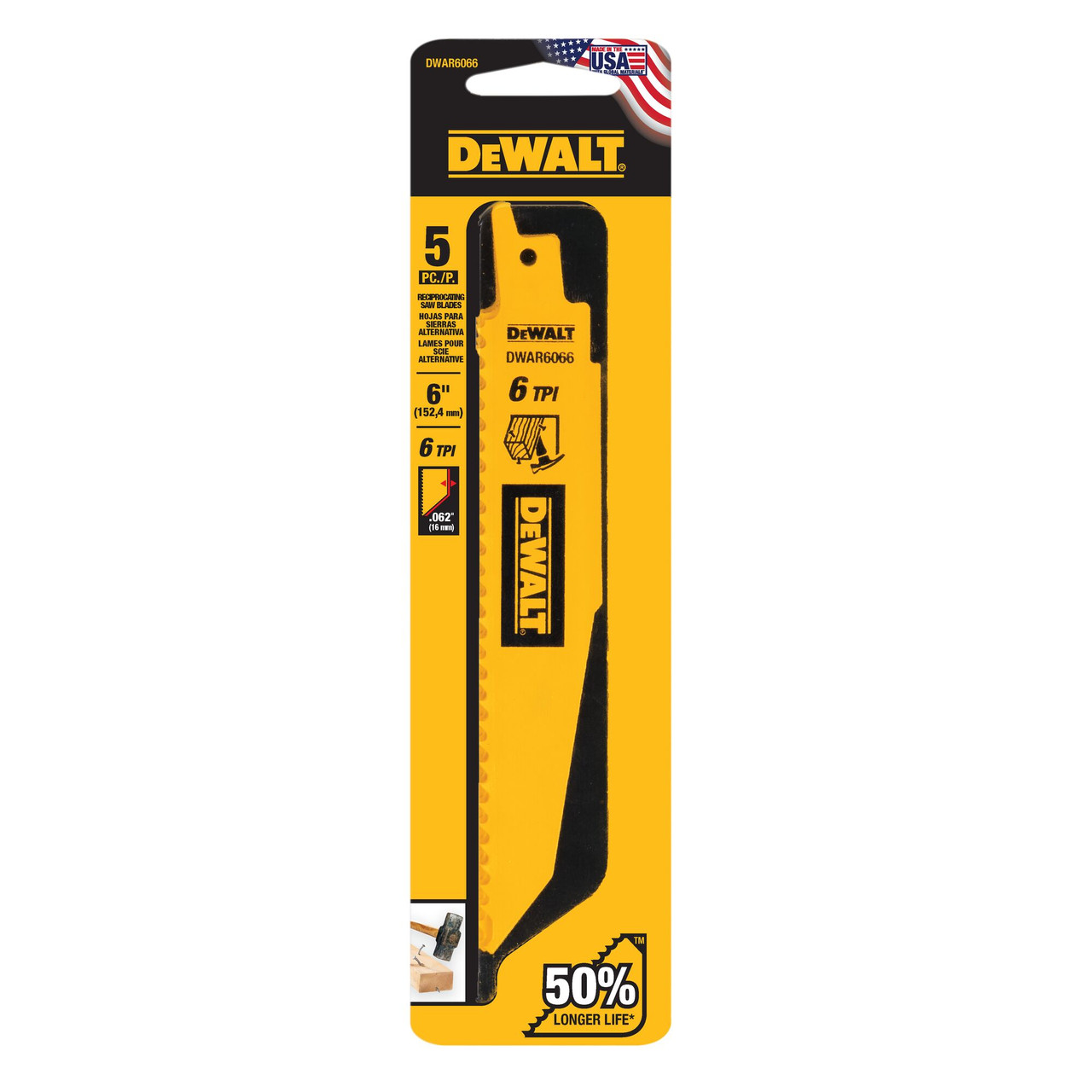 DeWalt DWAR6066 6 inch x 6 TPI Bi-Metal Demolition Reciprocating Saw Blades - 5pk showing blade in packaging