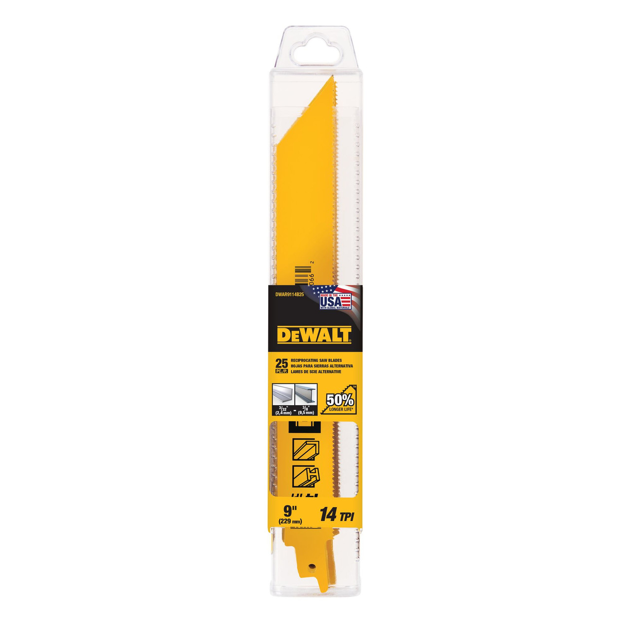 DeWalt DWAR9114B25 9 inch x 14 TPI Bi-Metal Heavy Metal Cutting Reciprocating Saw Blades showing blade in packaging