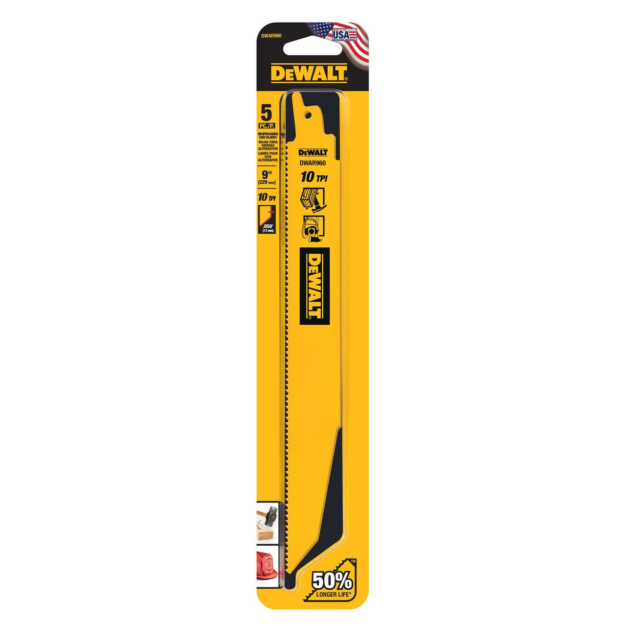 DeWalt DWAR960 9 inch x 10 TPI Bi-Metal Demolition Reciprocating Saw Blades - 5pk showing blade in packaging